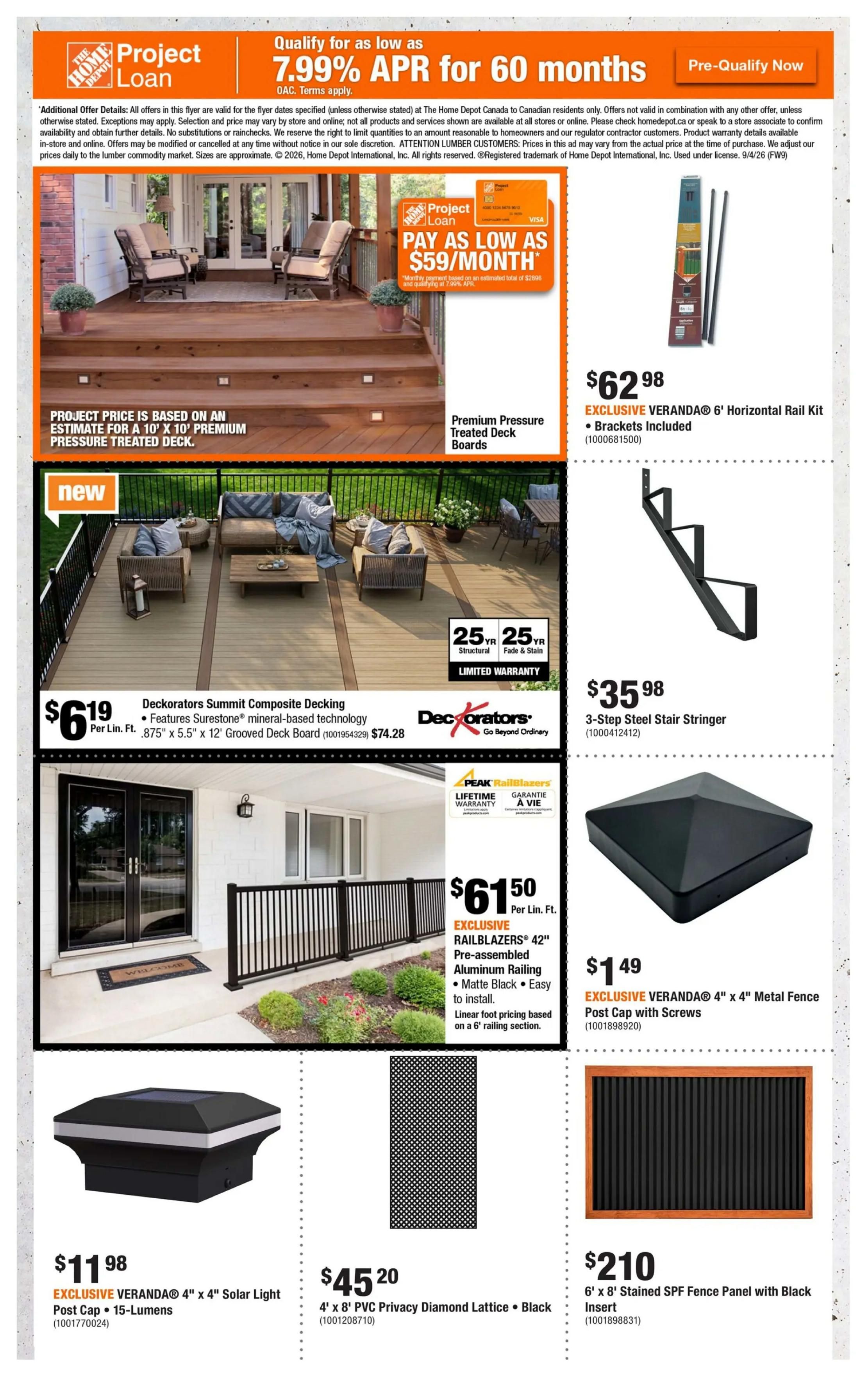 Home Depot flyer specials page 7 features Project Loan offers with 7.99% APR for 60 months and a 'Pay as low as $59/month' option. Featured products include EXCLUSIVE VERANDA® 6' Horizontal Rail Kit for $62.98, Deckorators Summit Composite Decking at $6.19 per linear foot, and EXCLUSIVE RAILBLAZERS® 42' Pre-assembled Aluminum Railing for $61.50 per linear foot. Also available are a 3-Step Steel Stair Stringer for $35.98, EXCLUSIVE VERANDA® 4' x 4' Metal Fence Post Cap with Screws for $1.49, EXCLUSIVE VERANDA® 4' x 4' Solar Light Post Cap for $11.98, 4' x 8' PVC Privacy Diamond Lattice in Black for $45.20, and a 6' x 8' Stained SPF Fence Panel with Black Insert for $210.
