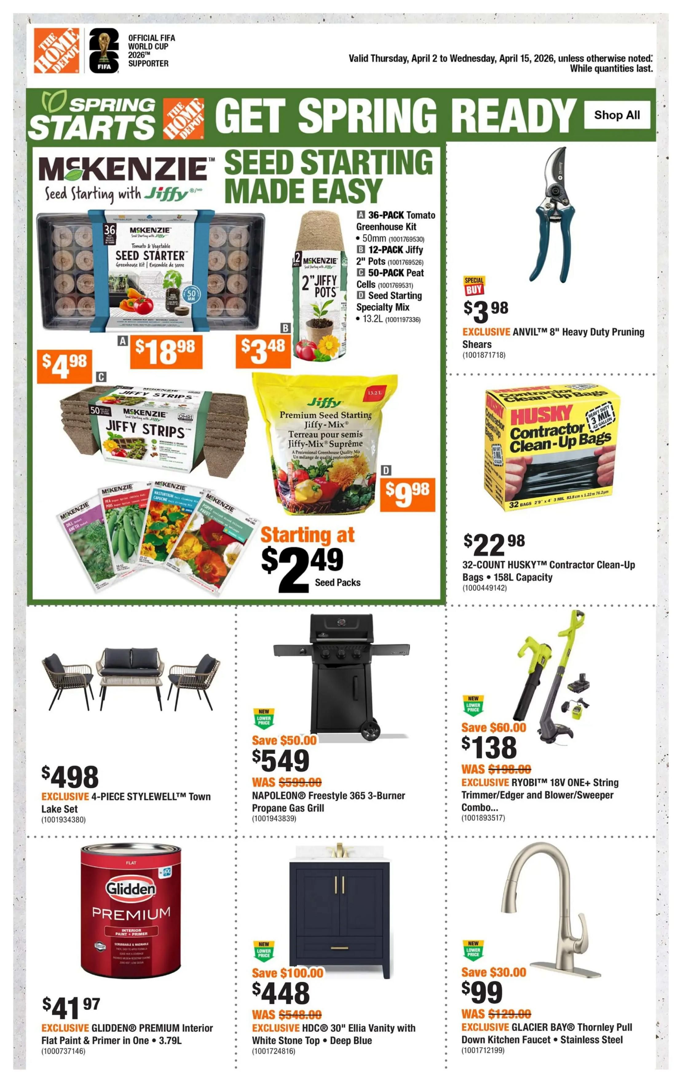 Home Depot flyer page 1, featuring 'Spring Starts Get Spring Ready' theme. McKenzie Seed Starting products include a 36-pack Tomato Greenhouse Kit for $4.98, 12-pack Jiffy Pots for $18.98, 50-pack Peat Cells for $3.48, and Jiffy Premium Seed Starting Mix for $9.98. Seed packs are starting at $2.49. Also available are exclusive ANVIL 8' Heavy Duty Pruning Shears for $3.98 and 32-count HUSKY Contractor Clean-Up Bags (158L capacity) for $22.98. Outdoor living items include a 4-piece STYLEWELL Town Lake Set for $498, a NAPOLEON Freestyle 365 3-Burner Propane Gas Grill on sale for $549 (was $599.00), and an EXCLUSIVE RYOBI 18V ONE+ String Trimmer/Edger and Blower/Sweeper Combo for $138 (was $198.00). Home improvement deals feature EXCLUSIVE GLIDDEN Premium Interior Flat Paint & Primer in One (3.79L) for $41.97, EXCLUSIVE HDC 30' Ellia Vanity with White Stone Top in Deep Blue for $448 (was $548.00), and an EXCLUSIVE GLACIER BAY Thornley Pull Down Kitchen Faucet in Stainless Steel for $99 (was $129.00).
