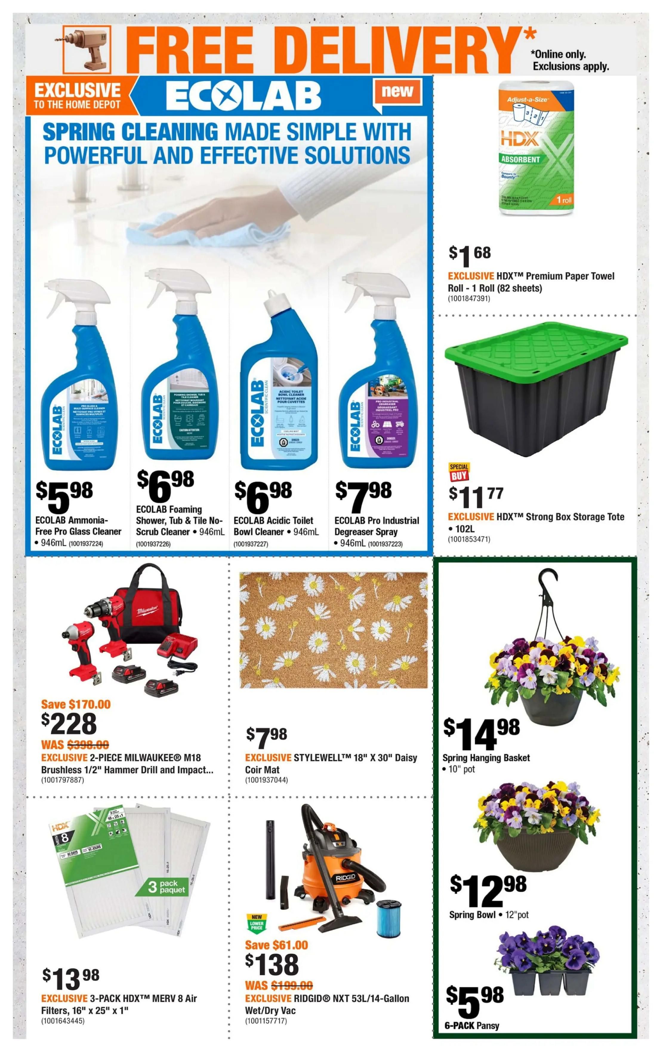 Home Depot flyer page 2 featuring 'Spring Cleaning Made Simple' with ECOLAB cleaning products. Offers include ECOLAB Ammonia-Free Pro Glass Cleaner for $5.98, ECOLAB Foaming Shower, Tub & Tile No-Scrub Cleaner for $6.98, ECOLAB Acidic Toilet Bowl Cleaner for $6.98, and ECOLAB Pro Industrial Degreaser Spray for $7.98. Also featured is an EXCLUSIVE HDX Premium Paper Towel Roll for $1.68 and an EXCLUSIVE HDX Strong Box Storage Tote for $11.77. Power tool deals include an EXCLUSIVE 2-Piece Milwaukee M18 Brushless 1/2' Hammer Drill and Impact Kit for $228, a savings of $170.00. Other items include an EXCLUSIVE 3-Pack HDX MERV 8 Air Filters for $13.98, an EXCLUSIVE STYLEWELL 18' X 30' Daisy Coir Mat for $7.98, and an EXCLUSIVE RIDGID NXT 53L/14-Gallon Wet/Dry Vac for $138, a savings of $61.00. Spring gardening items include a Spring Hanging Basket for $14.98, a Spring Bowl for $12.98, and a 6-Pack Pansy for $5.98. Free delivery is available online with exclusions.