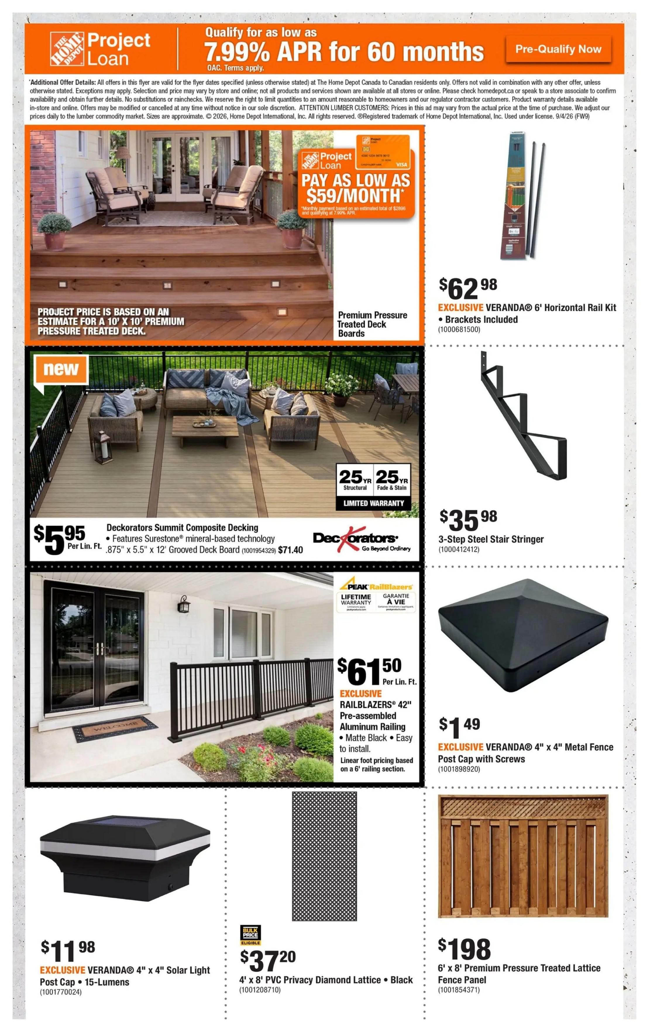 Home Depot flyer page 7 featuring deck and fencing solutions. Top section highlights a Project Loan offer for 7.99% APR for 60 months. A large image showcases a premium pressure-treated deck with furniture. Adjacent is an offer for EXCLUSIVE VERANDA® 6' Horizontal Rail Kit with brackets included for $62.98. Below, Deckorators Summit Composite Decking is priced at $5.95 per lin. ft., featuring Surestone® mineral-based technology and a 25-year structural and fade & stain limited warranty for an 8.75' x 5.5' x 12' Grooved Deck Board, originally $71.40. A 3-Step Steel Stair Stringer is available for $35.98. Another section displays EXCLUSIVE RAILBLAZERS® 42' Pre-assembled Aluminum Railing in Matte Black for $61.50 per lin. ft., with linear foot pricing based on a 6' railing section. An EXCLUSIVE VERANDA® 4' x 4' Metal Fence Post Cap with Screws is priced at $1.49. Further down, an EXCLUSIVE VERANDA® 4' x 4' Solar Light Post Cap with 15-Lumens is $11.98. A 4' x 8' PVC Privacy Diamond Lattice in Black is $37.20. Finally, a 6' x 8' Premium Pressure Treated Lattice Fence Panel is offered for $198.