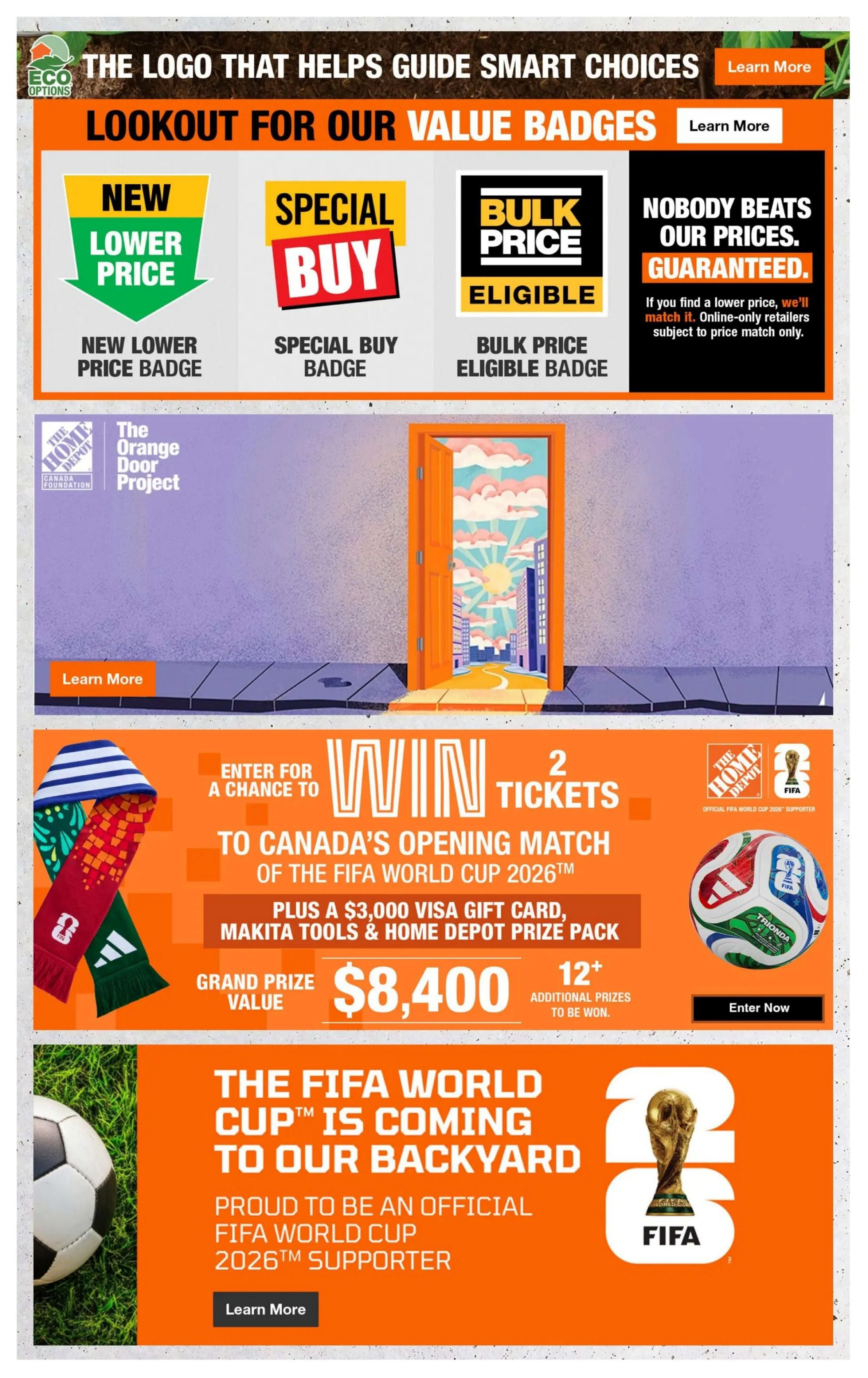 Home Depot flyer page 11 featuring value badges like New Lower Price, Special Buy, and Bulk Price Eligible. It highlights the 'Nobody Beats Our Prices. Guaranteed.' promise with a price match guarantee. The page also promotes The Orange Door Project by The Home Depot Canada Foundation. A contest offers a chance to win 2 tickets to Canada's opening match of the FIFA World Cup 2026™, plus a $3,000 Visa gift card, Makita tools, and a Home Depot prize pack, with a grand prize value of $8,400 and over 12 additional prizes. The page also announces Home Depot as an official FIFA World Cup 2026™ supporter.