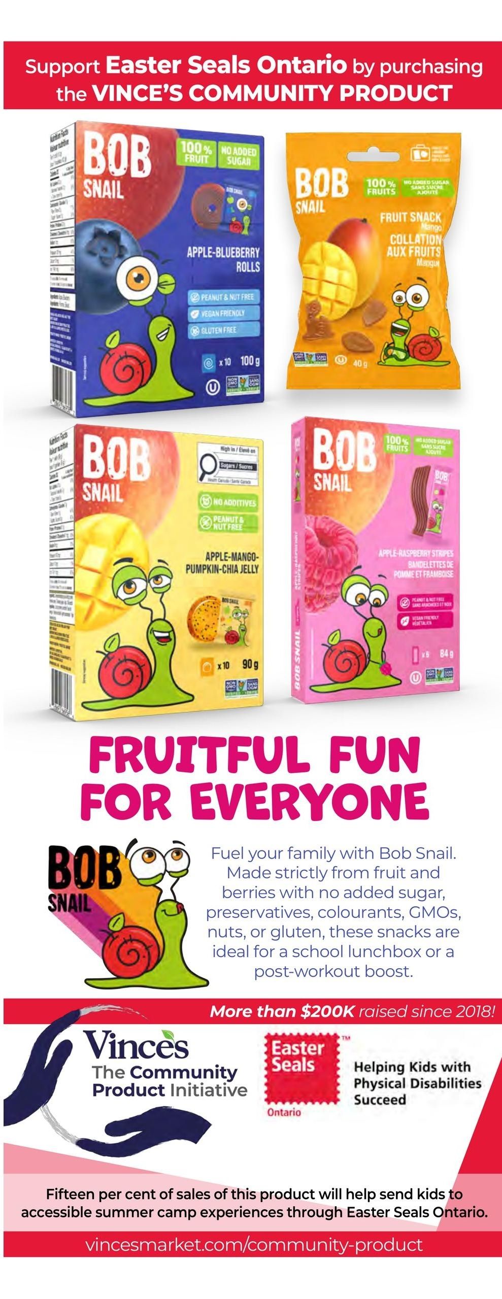 Vince's Market flyer page 12 features Bob Snail snacks, including Apple-Blueberry Rolls (100g), Fruit Snack Mango (40g), Apple-Mango-Pumpkin-Chia Jelly (90g), and Apple-Raspberry Stripes (84g). These snacks are made from 100% fruit with no added sugar, preservatives, colourants, GMOs, nuts, or gluten, making them ideal for lunchboxes or post-workout fuel. The page highlights the 'Fruitful Fun for Everyone' campaign, supporting Easter Seals Ontario. Vince's Market has raised over $200K since 2018 through this community product initiative, helping kids with physical disabilities succeed. Fifteen percent of sales from these products contribute to sending kids to accessible summer camp experiences through Easter Seals Ontario. Learn more at vincesmarket.com/community-product.