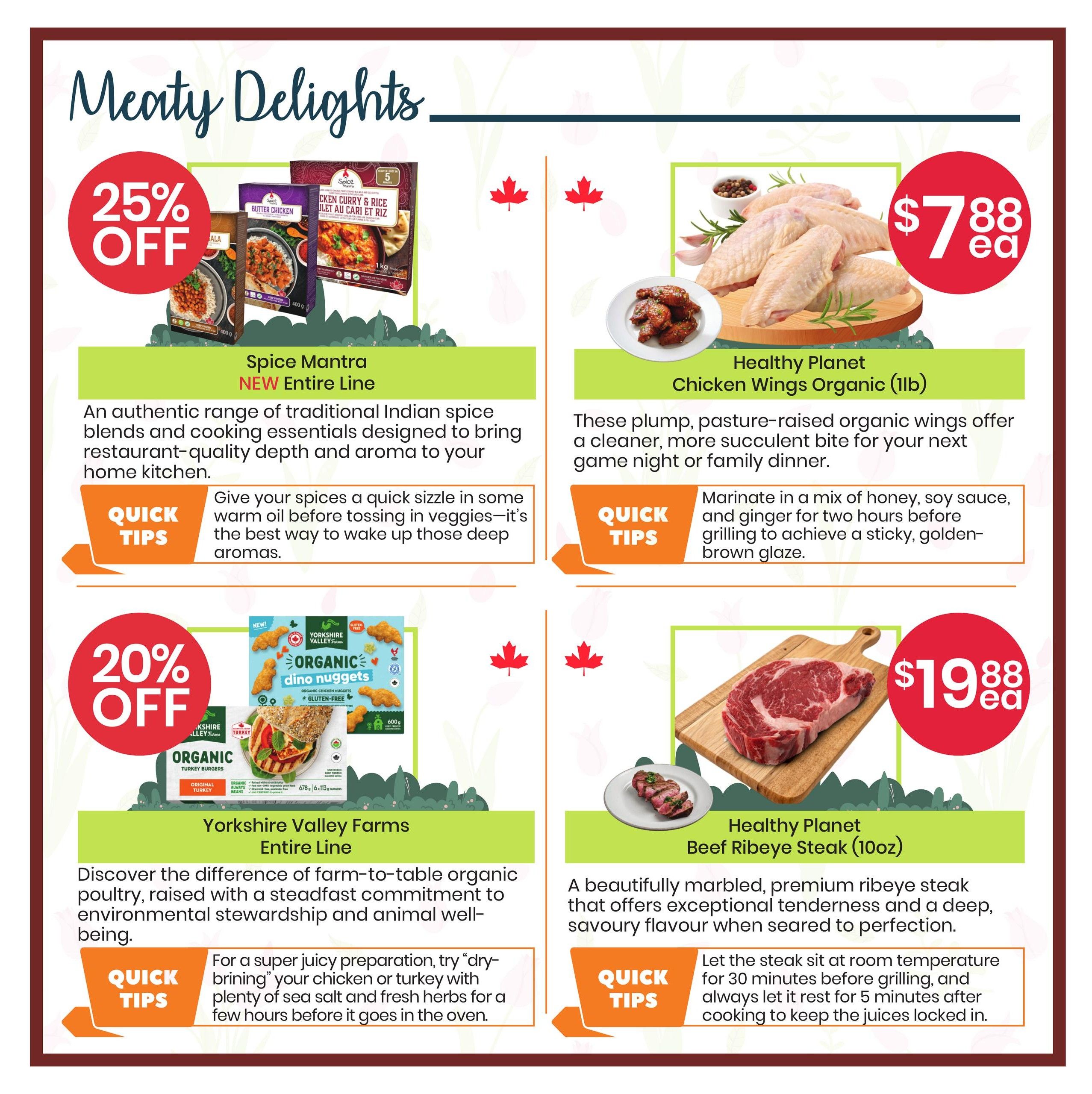 Healthy Planet flyer page 3, featuring 'Meaty Delights'. Top left: Spice Mantra NEW Entire Line of traditional Indian spice blends, with 25% off. Top right: Healthy Planet Chicken Wings Organic (1lb) for $7.88 each. Bottom left: Yorkshire Valley Farms Entire Line of organic poultry, including Organic Turkey Burgers, with 20% off. Bottom right: Healthy Planet Beef Ribeye Steak (10oz) for $19.88 each. Includes quick tips for preparing each item.