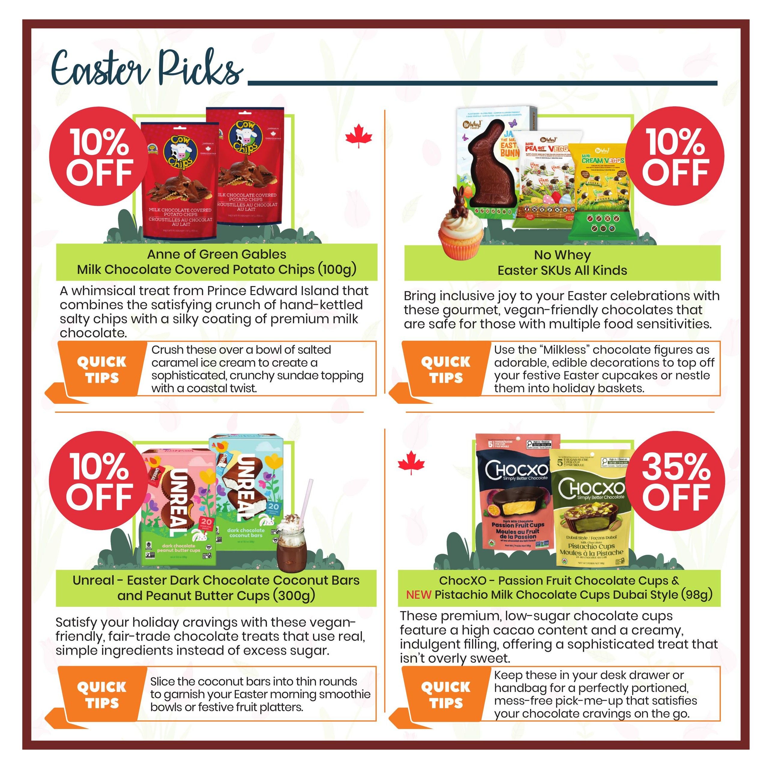 Healthy Planet flyer, page 4: Easter Picks section featuring various chocolate treats. Top left: Anne of Green Gables Milk Chocolate Covered Potato Chips (100g) with a 10% off discount. Bottom left: Unreal Easter Dark Chocolate Coconut Bars and Peanut Butter Cups (300g) with a 10% off discount. Top right: No Whey Easter SKUs All Kinds, including chocolate bunnies and other vegan-friendly chocolates, with a 10% off discount. Bottom right: ChocXO Passion Fruit Chocolate Cups & NEW Pistachio Milk Chocolate Cups Dubai Style (98g) with a 35% off discount. Quick tips are provided for each product category.