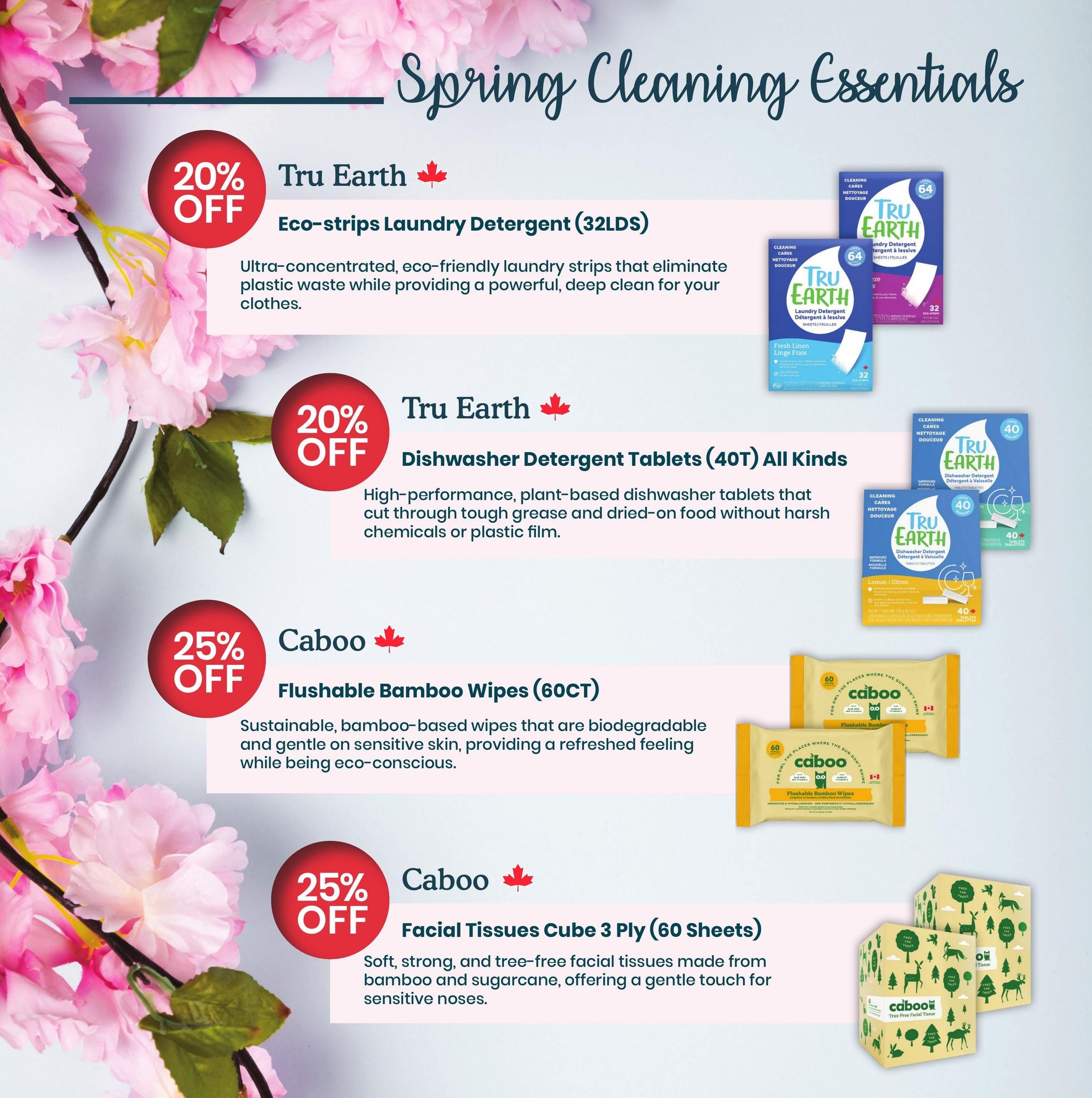 Healthy Planet flyer, page 6, featuring Spring Cleaning Essentials. Offers include 20% off Tru Earth Eco-strips Laundry Detergent (32 Lds), described as ultra-concentrated and eco-friendly. Also, 20% off Tru Earth Dishwasher Detergent Tablets (40T) in all kinds, noted for high-performance and plant-based ingredients. Additionally, 25% off Caboo Flushable Bamboo Wipes (60 Ct), which are sustainable and biodegradable. Finally, 25% off Caboo Facial Tissues Cube 3 Ply (60 Sheets), made from bamboo and sugarcane for a gentle touch.