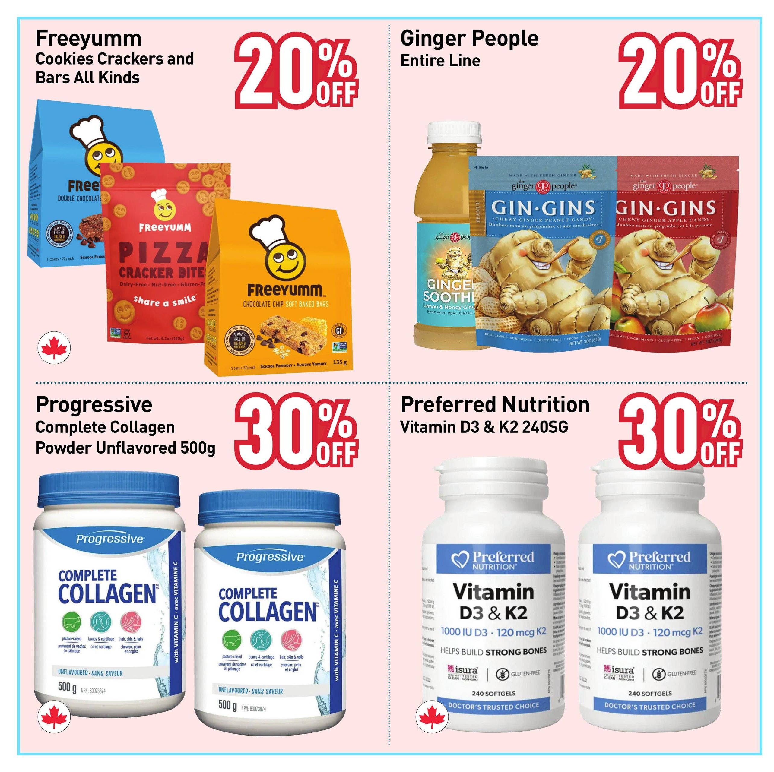 Healthy Planet flyer page 2 features 20% off Freeyumm Cookies, Crackers, and Bars, including Double Chocolate, Pizza Cracker Bite, and Chocolate Chip Soft Baked Bars. Also on sale is the entire line of Ginger People products, such as Gin Gins Chewy Ginger Peanut Candy and Gin Gins Chewy Ginger Apple Candy. Additionally, save 30% on Progressive Complete Collagen Powder Unflavored 500g and Preferred Nutrition Vitamin D3 & K2 240 Softgels.