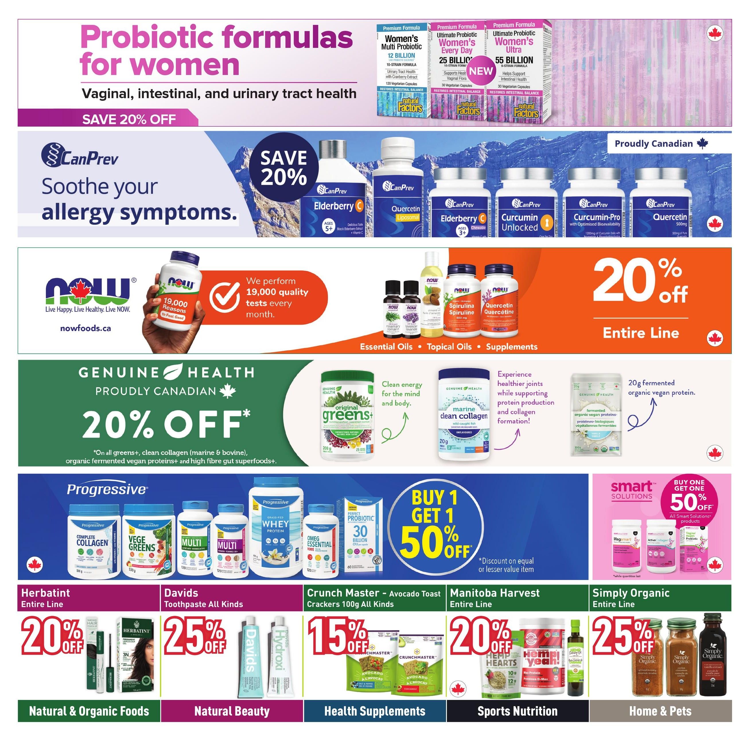 Healthy Planet flyer page 7 features various health and wellness products. Top section highlights 'Probiotic formulas for women' with a SAVE 20% OFF offer on vaginal, intestinal, and urinary tract health products. Below, CanPrev offers 20% off to soothe allergy symptoms with products like Elderberry C, Quercetin Liposomal, and Curcumin Unlocked. NOW Foods advertises their quality testing and offers 20% off their entire line of Essential Oils, Topical Oils, and Supplements. Genuine Health offers 20% off its 'Original Greens+', 'Marine Clean Collagen', and 'fermented organic vegan protein' products. Progressive brand products like Complete Collagen, Vege Greens, Multi, and Whey Protein are featured with a BUY 1 GET 1 50% OFF offer on select items. Other deals include 20% off Herbatint Entire Line, 25% off Davids Toothpaste All Kinds, 15% off Crunch Master Avocado Toast Crackers, 20% off Manitoba Harvest Entire Line, and 25% off Simply Organic Entire Line. Smart Solutions offers BUY ONE GET ONE 50% OFF on all their products, including MagSmart, Active Collagen, and Vaginal Probiotic.