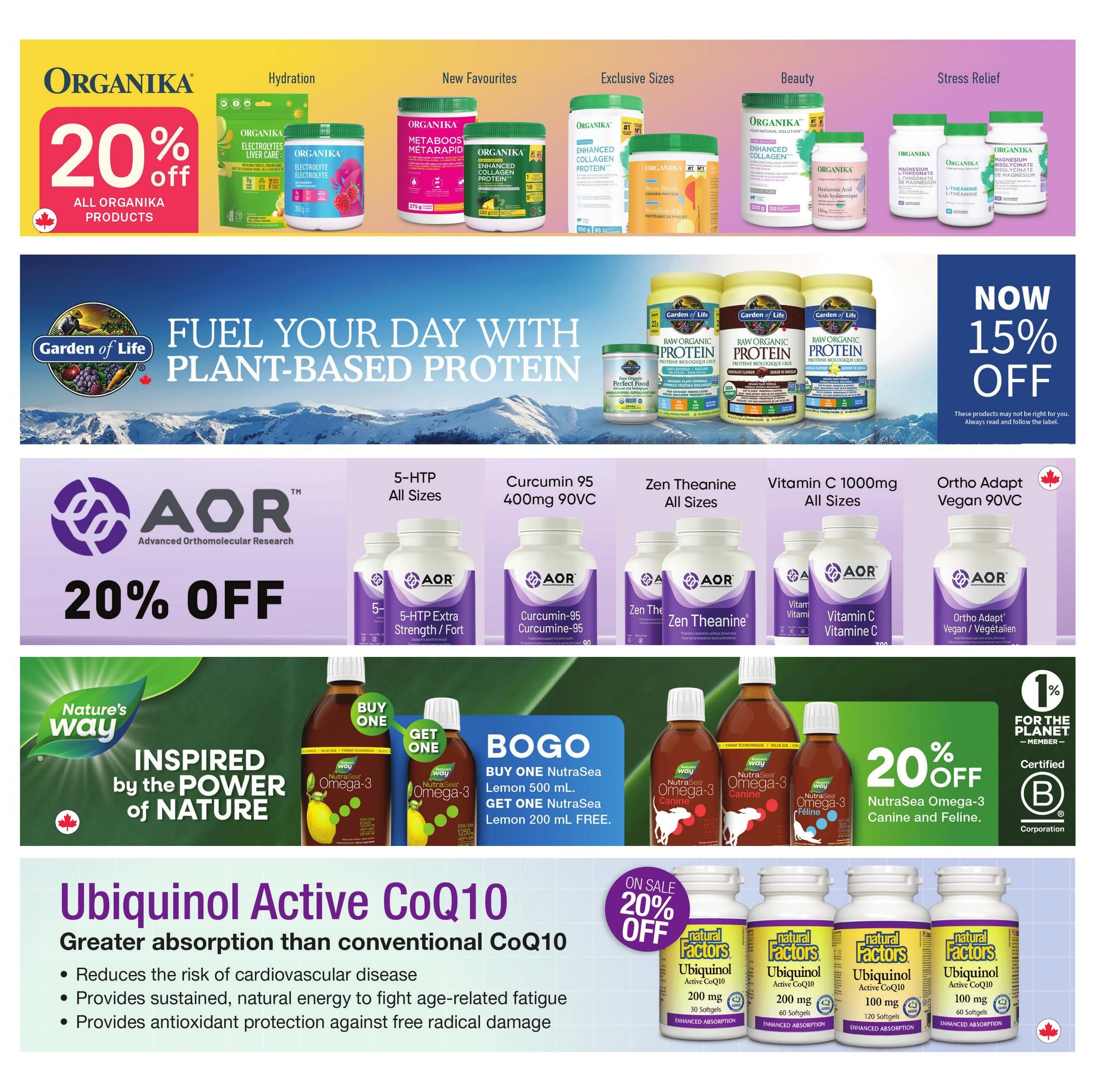 Healthy Planet flyer page 8 features a 20% off sale on all Organika products, including Hydration Electrolytes, MetabOost Metarapid, and Enhanced Collagen Protein. Garden of Life Raw Organic Plant-Based Protein is on sale with 15% off. AOR Advanced Orthomolecular Research products like 5-HTP, Curcumin 95, Zen Theanine, Vitamin C 1000mg, and Ortho Adapt Vegan 90VC are 20% off. Nature's Way offers a Buy One Get One FREE deal on NutraSea Omega-3 Lemon 500mL, with the second 200mL bottle free. NutraSea Omega-3 Canine and Feline products are also 20% off. Additionally, Natural Factors Ubiquinol Active CoQ10 is on sale for 20% off, with options including 200 mg (30 or 60 softgels) and 100 mg (60 or 120 softgels). A portion of sales goes to '1% for the Planet' members.