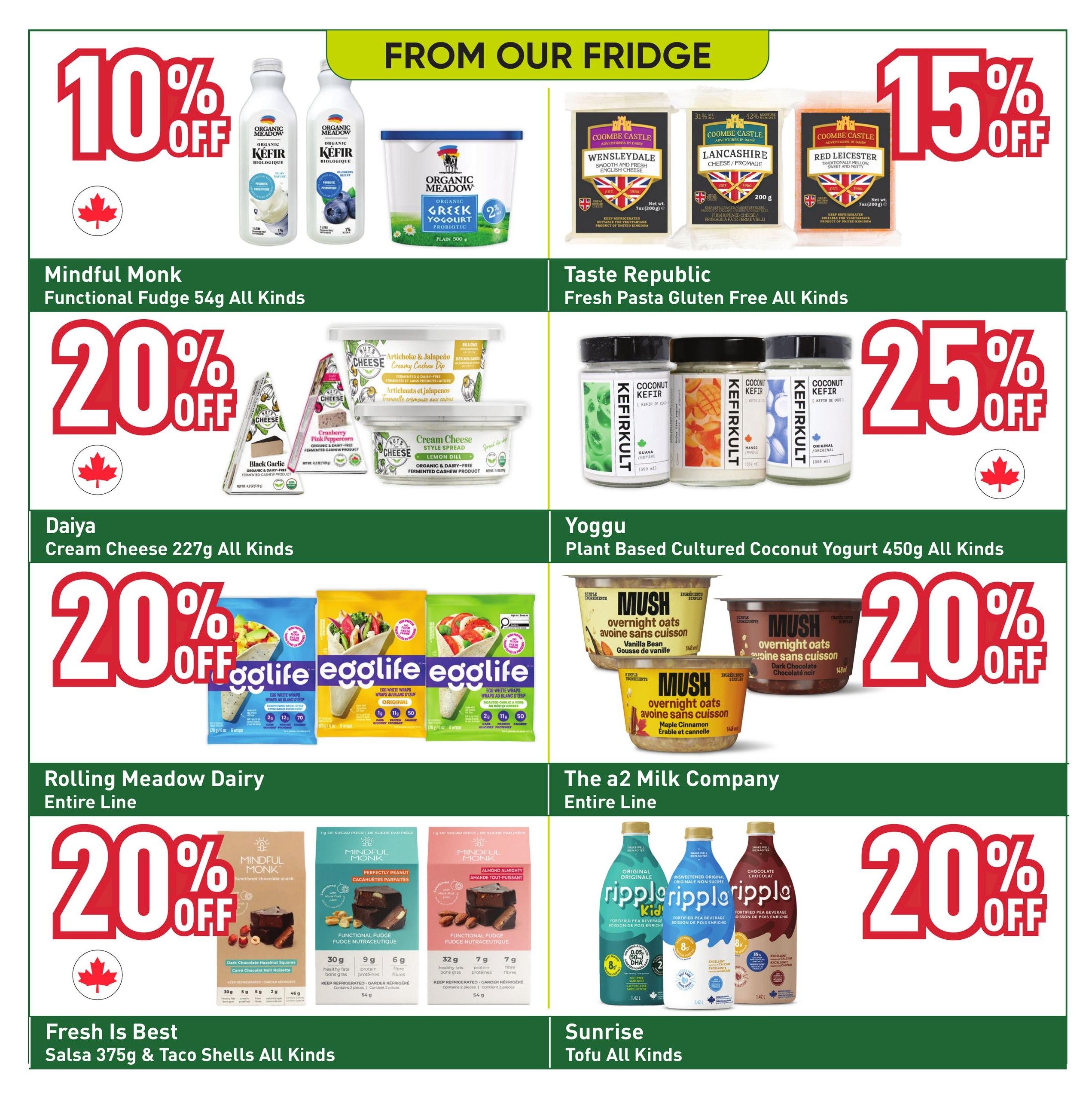 Healthy Planet flyer page 13 features dairy and plant-based products. Save 10% on Organic Meadow Kefir and Organic Meadow Greek Yogurt. Taste Republic Gluten-Free Fresh Pasta is on sale. Enjoy 25% off Kefirkult Coconut Kefir. Daiya Cream Cheese is 20% off. Egglife Egg White Wraps are 20% off. Rolling Meadow Dairy products are 20% off, including Mindful Monk Functional Fudge in Dark Chocolate Hazelnut and Almond. Fresh Is Best Salsa and Taco Shells are featured. Yoggu Plant-Based Cultured Coconut Yogurt is 20% off, with flavours like Vanilla Bean and Maple Cinnamon. The a2 Milk Company products, including Ripple Fortified Pea Beverage in Original and Chocolate, are 20% off. Sunrise Tofu is also available.