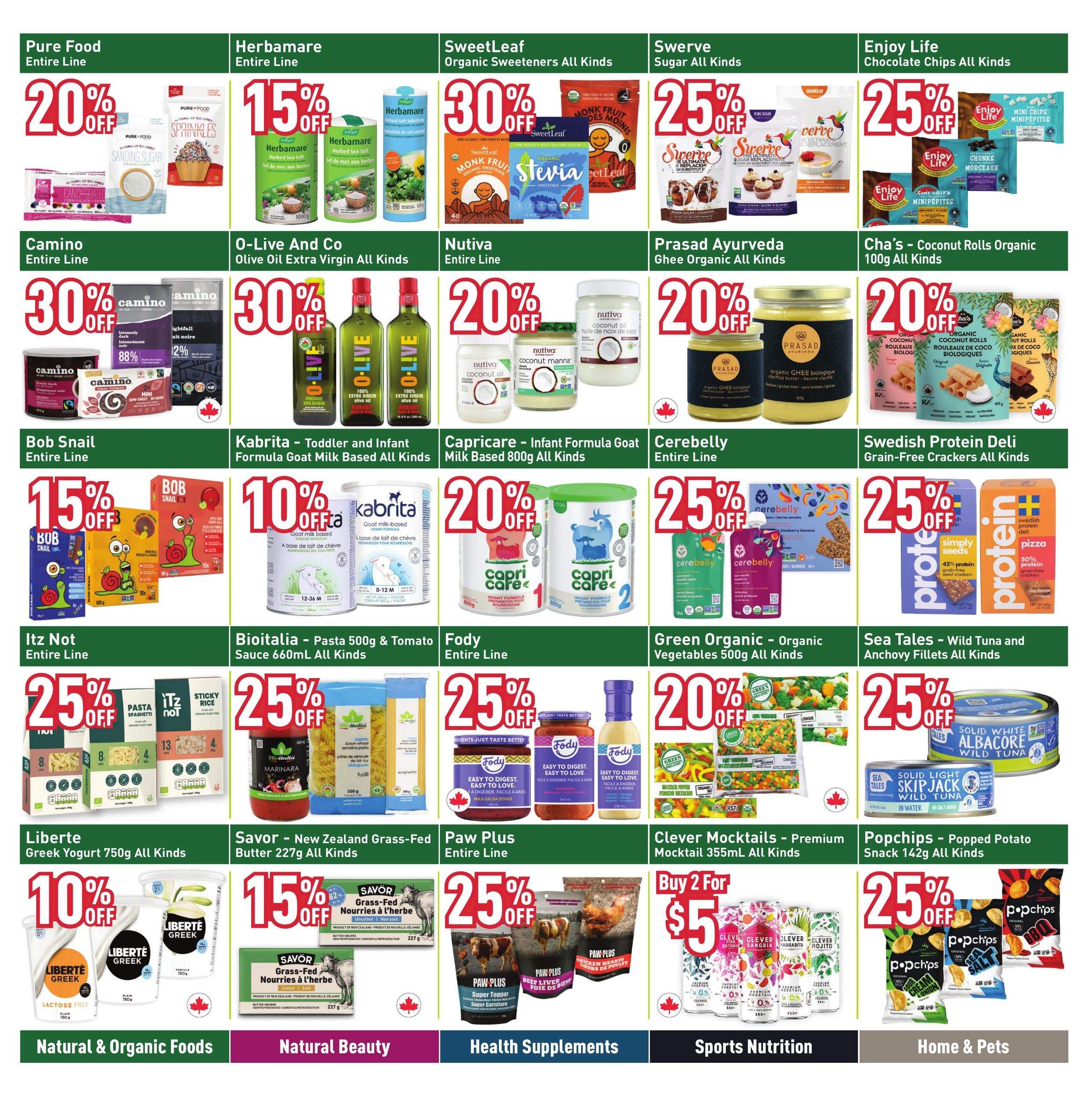 Healthy Planet flyer page 15 features a variety of natural and organic products on sale. Savings include 20% off Pure Food Entire Line, 15% off Herbamare Entire Line, 30% off SweetLeaf Organic Sweeteners, 25% off Swerve Sugar, and 25% off Enjoy Life Chocolate Chips. Also featured are 30% off Camino Entire Line, 30% off O-Live And Co Olive Oil, 20% off Nutiva Entire Line, 20% off Prasad Ayurveda Ghee, and 20% off Cha's Coconut Rolls. Further discounts include 15% off Bob Snail Entire Line, 10% off Kabrita Goat Milk Based Formula, 20% off Capricare Infant Formula, 25% off Cerebelly Entire Line, and 25% off Swedish Protein Deli Crackers. Additional offers are 25% off Itz Not Pasta and Rice, 25% off Bioitalia Pasta and Sauce, 20% off Green Organic Vegetables, and 25% off Sea Tales Tuna. On the bottom row, find 10% off Liberte Greek Yogurt, 15% off Savor Grass-Fed Butter, 25% off Paw Plus Entire Line, Buy 2 for $5 Clever Mocktails, and 25% off Popchips Snacks.