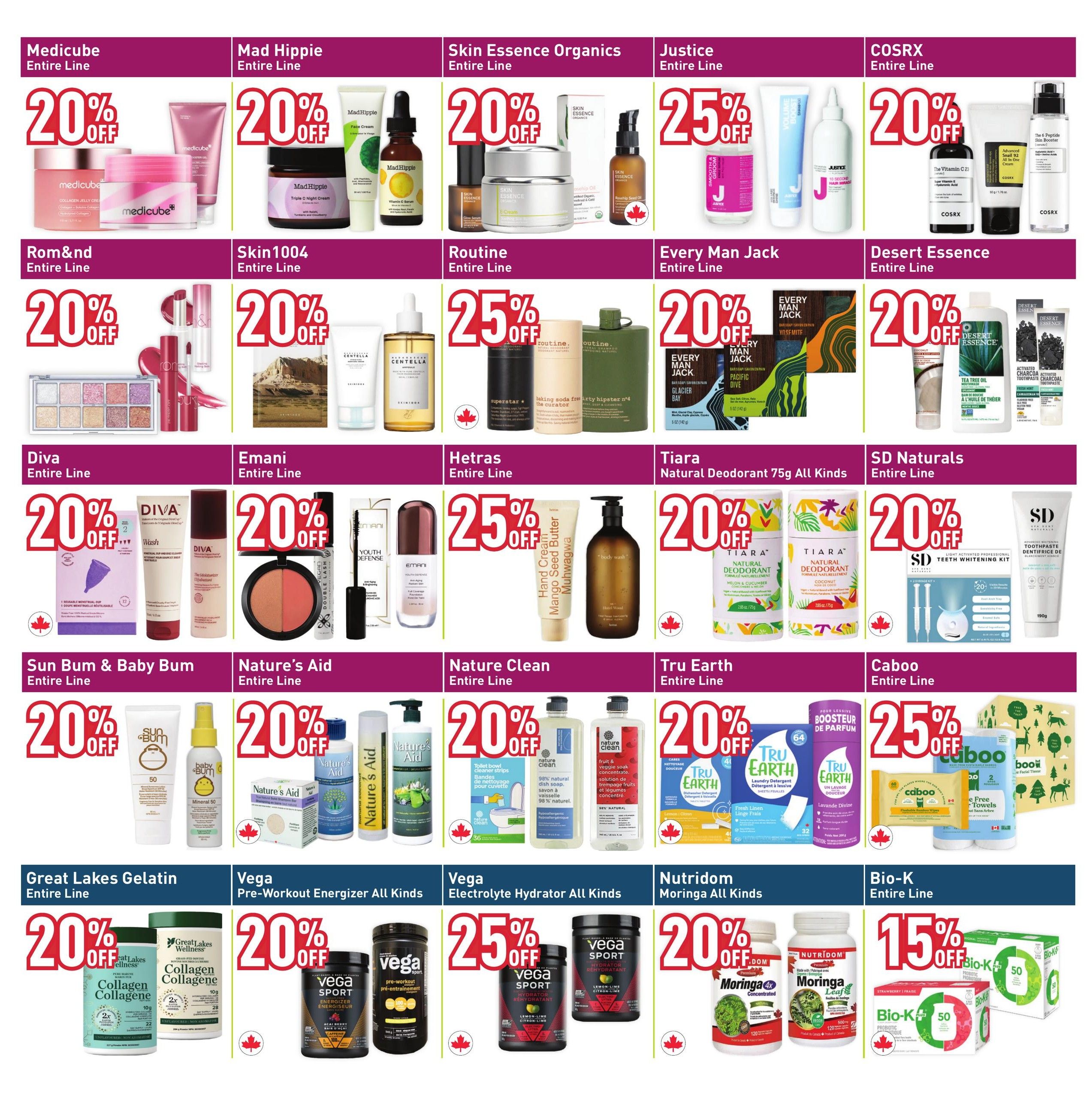 Healthy Planet flyer page 17 features a wide variety of health and beauty products with discounts. Brands include Medicube, Mad Hippie, Skin Essence Organics, Justice, COSRX, Rom&nd, Skin1004, Routine, Every Man Jack, and Desert Essence, all offering 20% off their entire lines. Diva, Emani, and Nature's Aid also have 20% off. Hetras offers 25% off its entire line. Tiara Natural Deodorant is 20% off. SD Naturals has 20% off its Teeth Whitening Kit. Sun Bum & Baby Bum products are 20% off. Nature Clean offers 20% off its entire line, including toilet bowl cleaner and dish soap. Tru Earth laundry detergent sheets are 20% off. Caboo flushable wet wipes and bamboo toilet paper are 25% off. Great Lakes Gelatin collagen products are 20% off. Vega Pre-Workout Energizer and Electrolyte Hydrator are 20% and 25% off respectively. Nutridom Moringa products are 20% off. Bio-K probiotic drinks and capsules are 15% off.