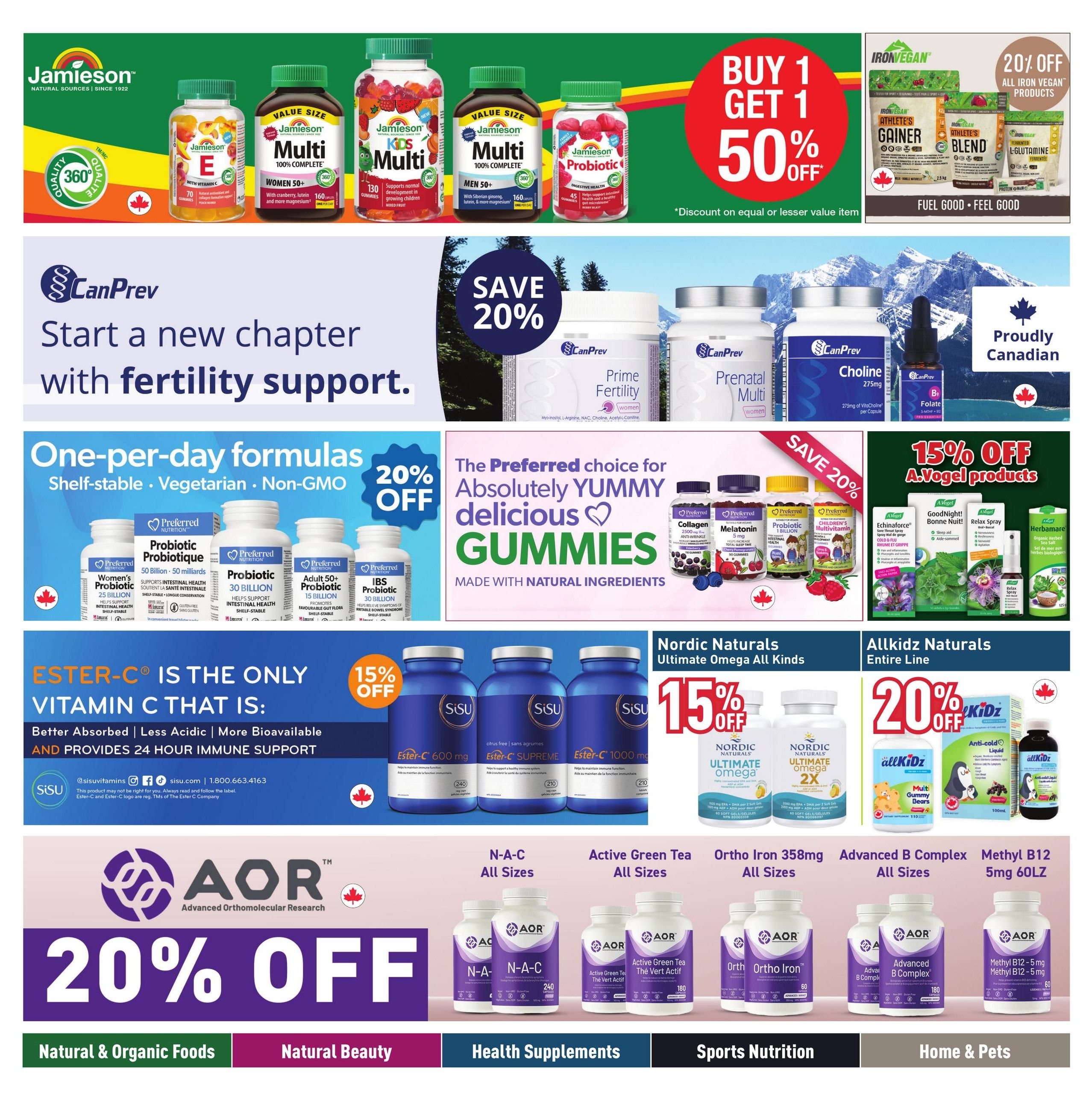 Healthy Planet flyer page 18 features a variety of health and wellness products. Top banner includes Jamieson Vitamins with a Buy 1 Get 1 50% off offer on select items like Jamieson Vitamin E, Women's 50+ Multi, and Kids Multi. Iron Vegan products are also featured with 20% off all items, including Athlete's Gainer and Athlete's Blend. The middle section highlights CanPrev products with a 'Start a new chapter with fertility support' campaign and 20% off. Featured CanPrev items include Prime Fertility, Prenatal Multi, and Choline. Also on this row, Preferred Nutrition offers a 20% discount on their Yummy Gummies line, including Collagen, Melatonin, Probiotic 1 Billion, and Children's Multivitamin. A.Vogel products are on sale with 15% off, featuring Echinforce, Goodnight! Sleep spray, Relax spray, and Herbamare. Ester-C is promoted with 15% off, emphasizing its benefits for immune support. Nordic Naturals Ultimate Omega products are available with a 15% discount, and Allkidz Naturals Entire Line is 20% off. The bottom section showcases AOR Advanced Orthomolecular Research products with a 20% discount on N-A-C, Active Green Tea, Ortho Iron 358mg, Advanced B Complex, and Methyl B12 5mg 60's.