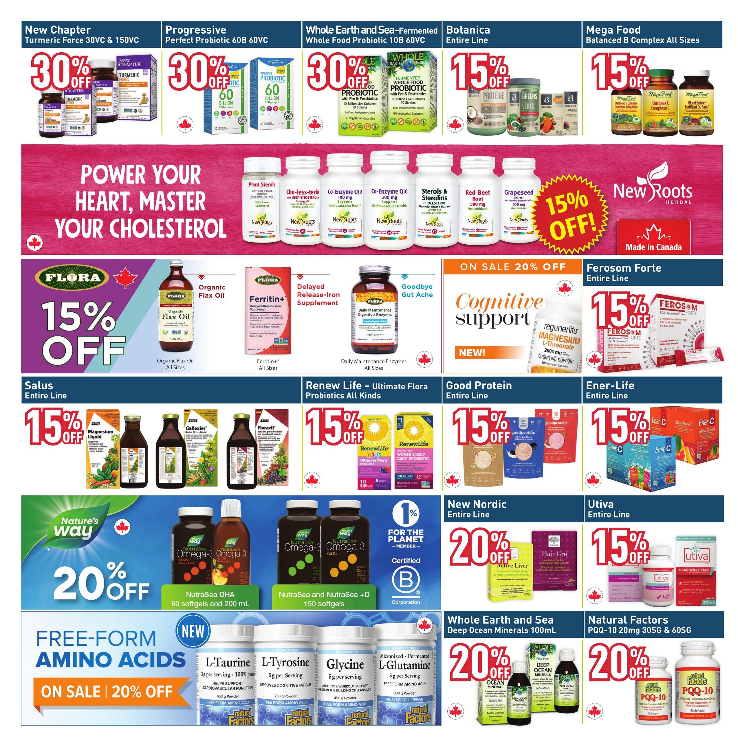 Healthy Planet flyer page 19 featuring a variety of health supplements. Top section includes New Chapter Turmeric Force 30VC & 150VC at 30% off, Progressive Perfect Probiotic 60B 60VC at 30% off, Whole Earth and Sea-Fermented Whole Food Probiotic 10B 60VC at 30% off, and Botanica Entire Line at 15% off. Mega Food Balanced B Complex All Sizes are also 15% off. Below, find New Roots products including Plant Sterols, Cho-less-terin with Beta-Sitosterols, Co-Enzyme Q10 100 mg and 300 mg, Sterols & Sterolins, and Red Beet Root 500 mg, all with 15% off. Flora Organic Flax Oil and Ferritin+ Delayed-Release Iron Supplement are 15% off. Daily Maintenance Enzymes are on sale for 20% off. Salus Entire Line, including Magnesium Liquid and Gallexier Herbal Bitters, is 15% off. Renew Life Ultimate Flora Probiotics and Good Protein Entire Line are 15% off. Ener-Life Entire Line is 15% off. Nature's Way NutraSea Omega-3 and NutraSea Omega-3 +D 60 softgels and 200 mL are 20% off. New Nordic Entire Line, including Active Liver, is 20% off. Utiva Entire Line, including Cranberry PACs, is 15% off. Free-Form Amino Acids are on sale for 20% off, featuring Natural Factors L-Taurine, L-Tyrosine, Glycine, and L-Glutamine. Whole Earth and Sea Deep Ocean Minerals 100mL are 20% off. Natural Factors PQQ-10 20mg 30SG & 60SG are 20% off.