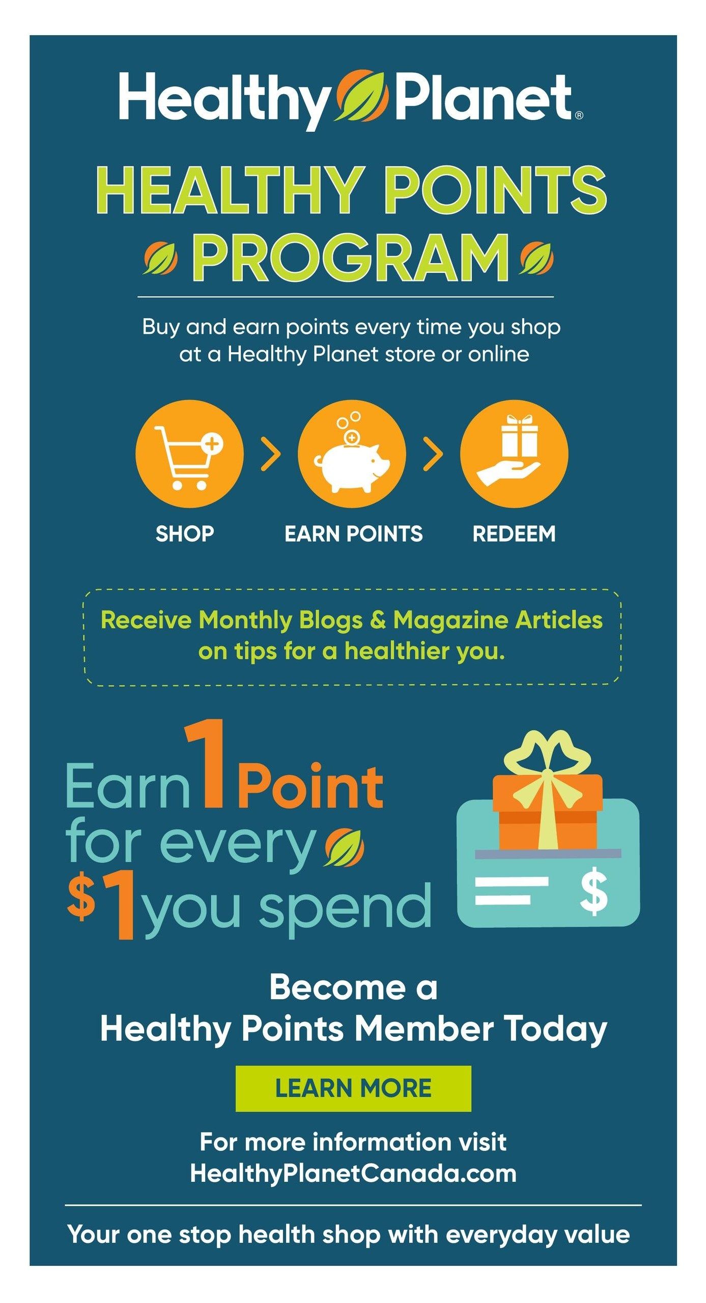 Healthy Planet flyer page 21 promoting the Healthy Points Program. The program allows customers to shop, earn points, and redeem them. Customers receive 1 point for every $1 spent. The page encourages users to become a Healthy Points Member by clicking 'Learn More' and provides the website HealthyPlanetCanada.com for more information. The bottom of the page states 'Your one stop health shop with everyday value'.