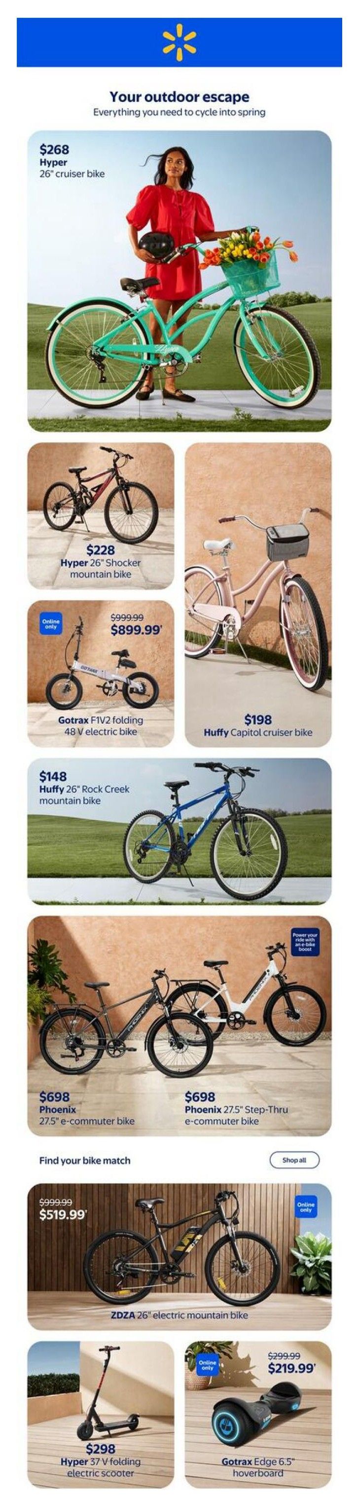 Walmart Canada flyer page featuring outdoor escapes and cycling gear. Highlights include the Hyper 26' cruiser bike for $268, the Hyper 26' Shocker mountain bike for $228, and the Huffy Capitol cruiser bike for $198. Also featured are the Huffy 26' Rock Creek mountain bike for $148, the Gotrax F1V2 folding 48V electric bike on sale for $899.99 (originally $999.99), and the ZDZA 26' electric mountain bike. Two Phoenix e-commuter bikes are shown: a 27.5' model for $698 and a 27.5' Step-Thru model for $698. Additionally, the Hyper 37V folding electric scooter is available for $298, and the Gotrax Edge 6.5' hoverboard is on sale for $219.99 (originally $299.99). A 'Find your bike match' section is also present.