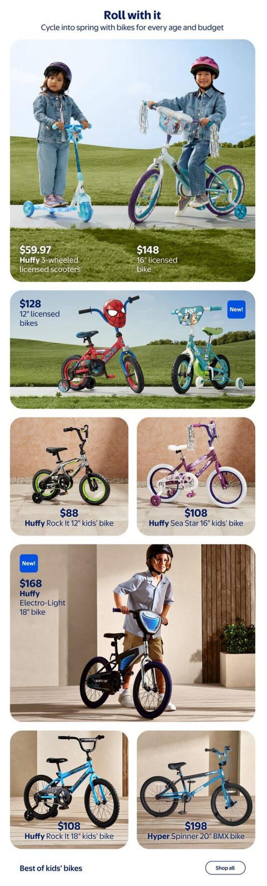 Walmart Canada flyer page 2 features a selection of bikes and scooters for children. Top row shows a child on a Huffy 3-wheeled licensed scooter for $59.97 and a 16' licensed bike for $148. The second row displays 12' licensed bikes, including a Spider-Man themed bike and a teal bike with a 'New!' tag. Below that, a Huffy Rock It 12' kids' bike is priced at $88, and a Huffy Sea Star 16' kids' bike is $108. The third row highlights a new Huffy Electro-Light 18' bike for $168. The bottom row features a Huffy Rock It 18' kids' bike for $108 and a Hyper Spinner 20' BMX bike for $198. The page title is 'Roll with it' and the subtitle is 'Cycle into spring with bikes for every age and budget'.