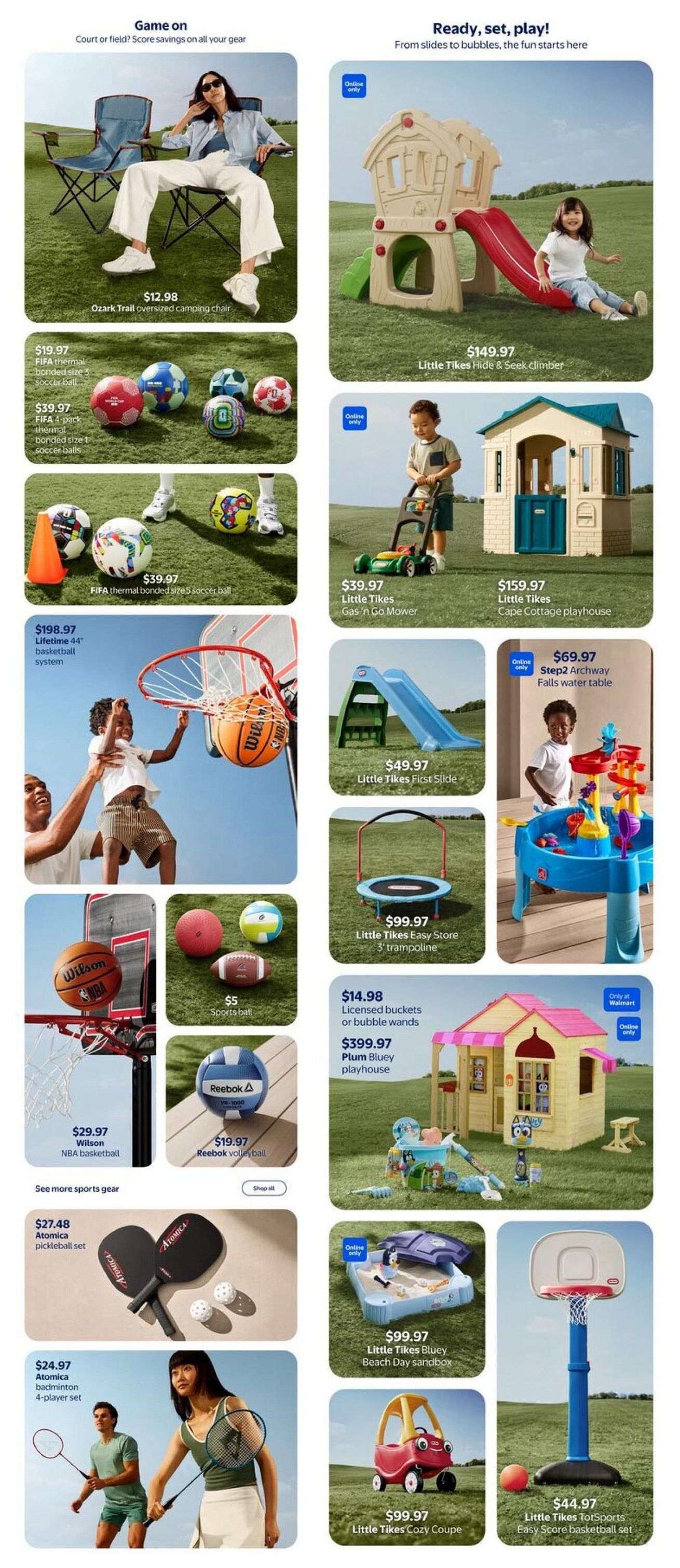 Walmart Canada Spring Outdoors flyer, page 3. Features outdoor and sports gear. Includes Ozark Trail oversized camping chair for $12.98. Sports balls are available: FIFA thermal bonded size 5 soccer ball for $39.97, FIFA 4-pack thermal bonded size 5 soccer balls for $39.97, and a $5 sports ball. Also featured is a Lifetime 44' basketball system for $198.97, a Wilson NBA basketball for $29.97, and a Reebok volleyball for $19.97. For racket sports, find an Atomica pickleball set for $27.48 and an Atomica badminton 4-player set for $24.97. Play structures include Little Tikes Hide & Seek climber for $149.97, Little Tikes Cape Cottage playhouse for $159.97, and a Plum Bluey playhouse for $399.97. Outdoor play items include Little Tikes Gas 'n Go Mower for $39.97, Little Tikes First Slide for $49.97, Step2 Archway Falls water table for $69.97, Little Tikes Easy Store 3' trampoline for $99.97, licensed buckets or bubble wands for $14.98, Little Tikes Bluey Beach Day sandbox for $99.97, Little Tikes Cozy Coupe for $99.97, and a Little Tikes TotSports Easy Score basketball set for $44.97.