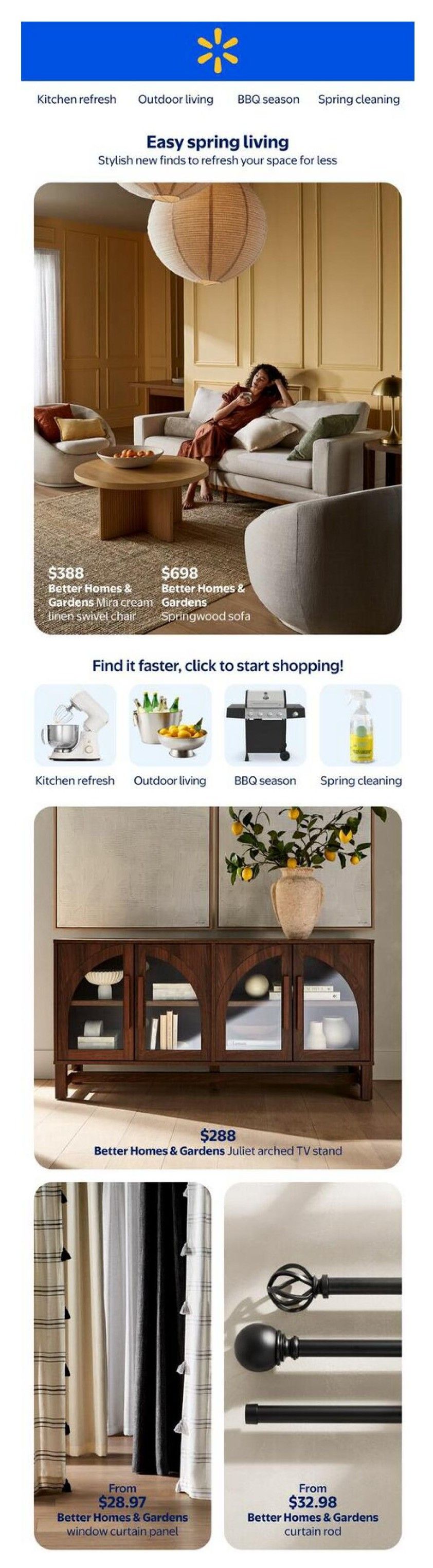 Walmart Canada flyer page featuring 'Easy spring living' with stylish new finds. Showcases the Better Homes & Gardens Mira cream linen swivel chair for $388 and the Better Homes & Gardens Springwood sofa for $698. Also features the Better Homes & Gardens Juliet arched TV stand for $288. Additional items include Better Homes & Gardens window curtain panels starting from $28.97 and Better Homes & Gardens curtain rods starting from $32.98. Navigation links for 'Kitchen refresh', 'Outdoor living', 'BBQ season', and 'Spring cleaning' are visible.