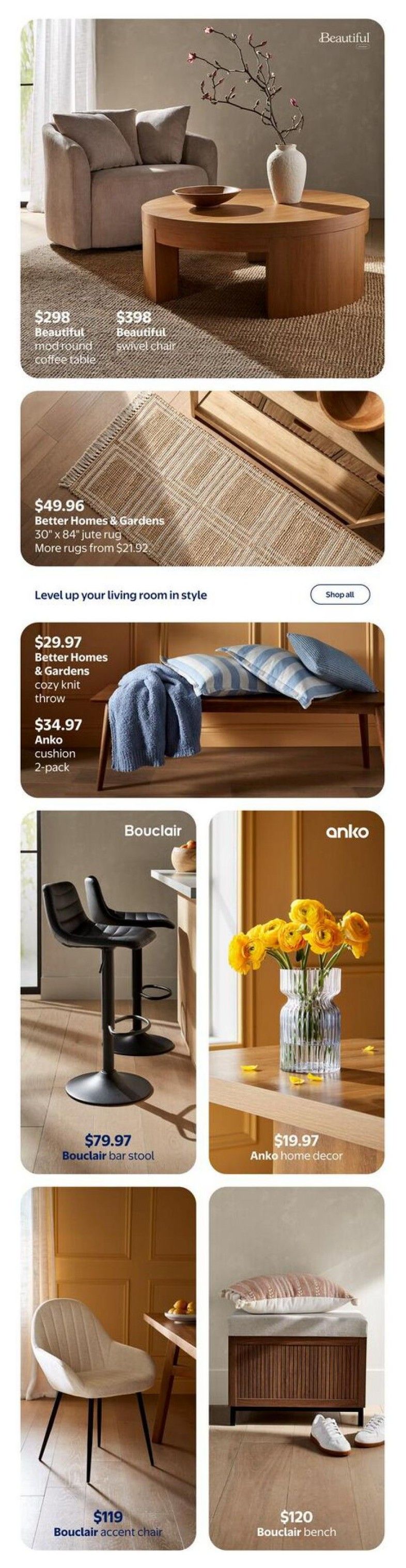 Walmart Canada flyer page 2 features home decor and furniture. Top section shows a Beautiful mod round coffee table for $298 and a Beautiful swivel chair for $398. Below is a Better Homes & Gardens 30' x 84' jute rug for $49.96, with more rugs starting from $21.92. The middle section highlights 'Level up your living room in style' with a Better Homes & Gardens cozy knit throw for $29.97 and an Anko cushion 2-pack for $34.97. The bottom section displays a Bouclair bar stool for $79.97, Anko home decor for $19.97, a Bouclair accent chair for $119, and a Bouclair bench for $120.