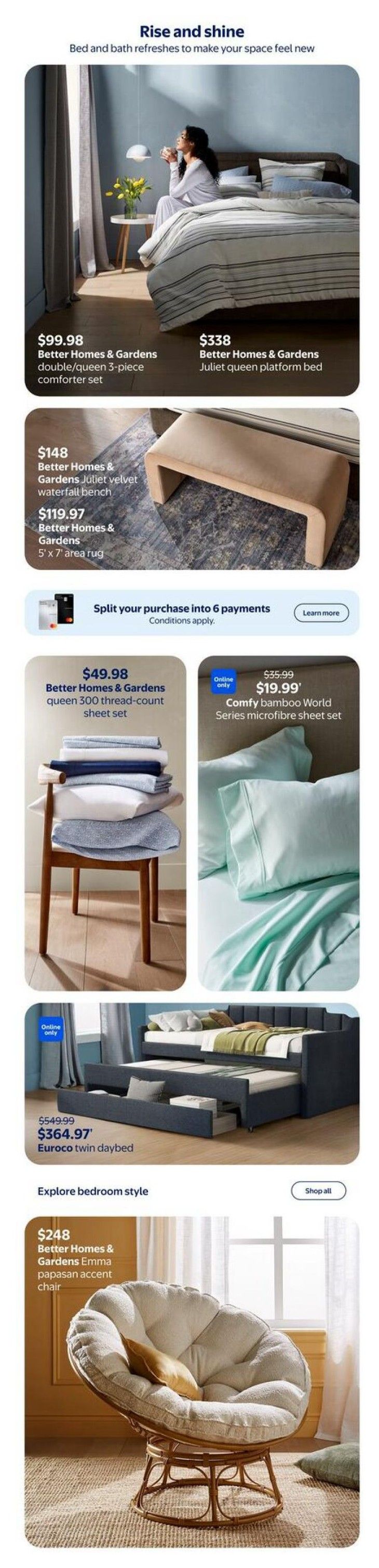 Walmart Canada flyer page 3, featuring 'Rise and shine' bed and bath refresh. Offers include Better Homes & Gardens double/queen 3-piece comforter set for $99.98, Better Homes & Gardens Juliet queen platform bed for $338, Better Homes & Gardens Juliet velvet waterfall bench for $148, and a Better Homes & Gardens 5'x7' area rug for $119.97. Also available are Better Homes & Gardens queen 300 thread-count sheet set for $49.98, and Comfy Bamboo World Series microfibre sheet set on online only for $19.99 (originally $35.99). A Euroco twin daybed is priced at $364.97 (originally $549.99). Explore bedroom style with the Better Homes & Gardens Emma papasan accent chair for $248.