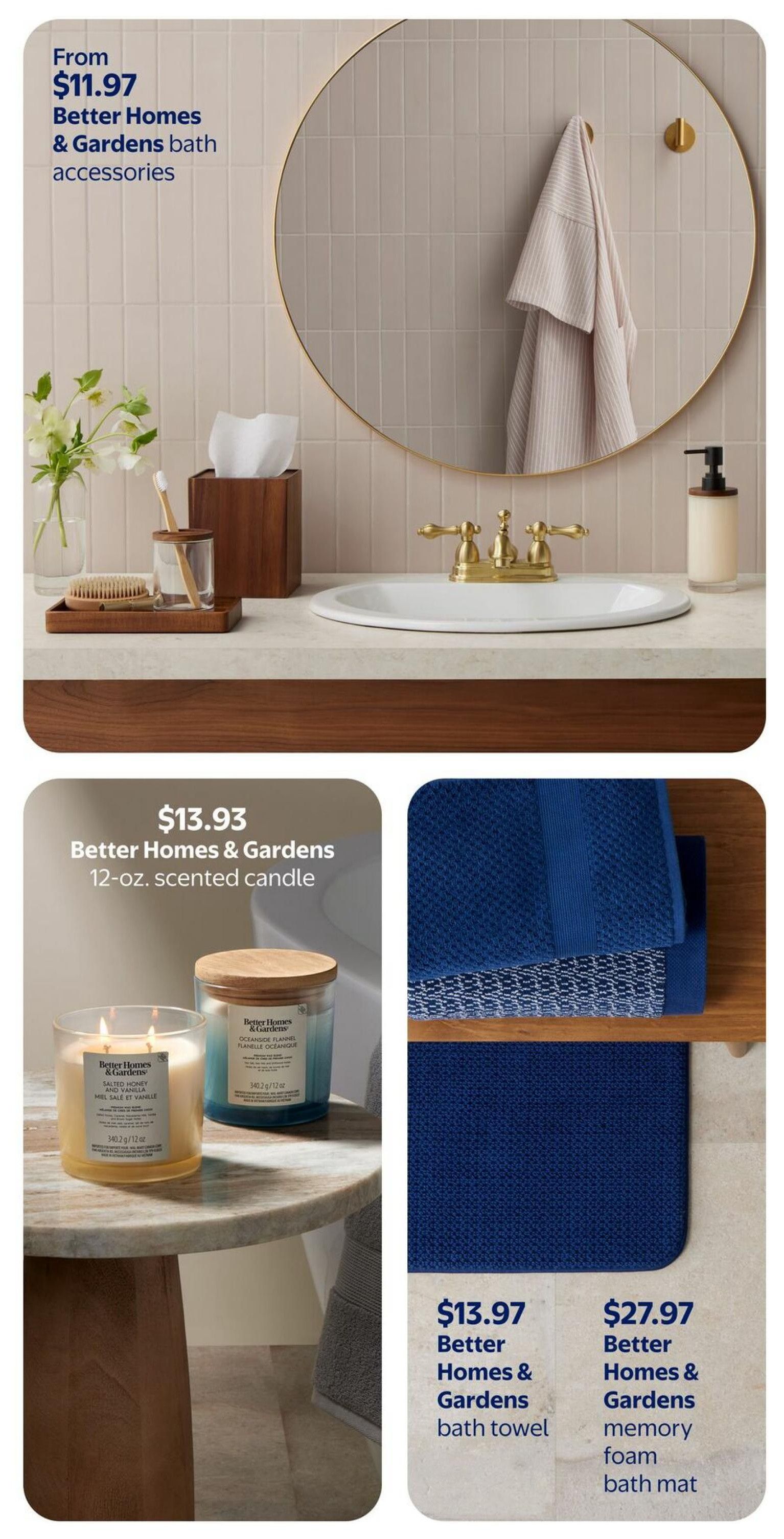 Walmart Canada flyer page 4 features Better Homes & Gardens bath accessories starting from $11.97. Also available are Better Homes & Gardens 12-oz. scented candles for $13.93, Better Homes & Gardens bath towels for $13.97, and Better Homes & Gardens memory foam bath mats for $27.97.