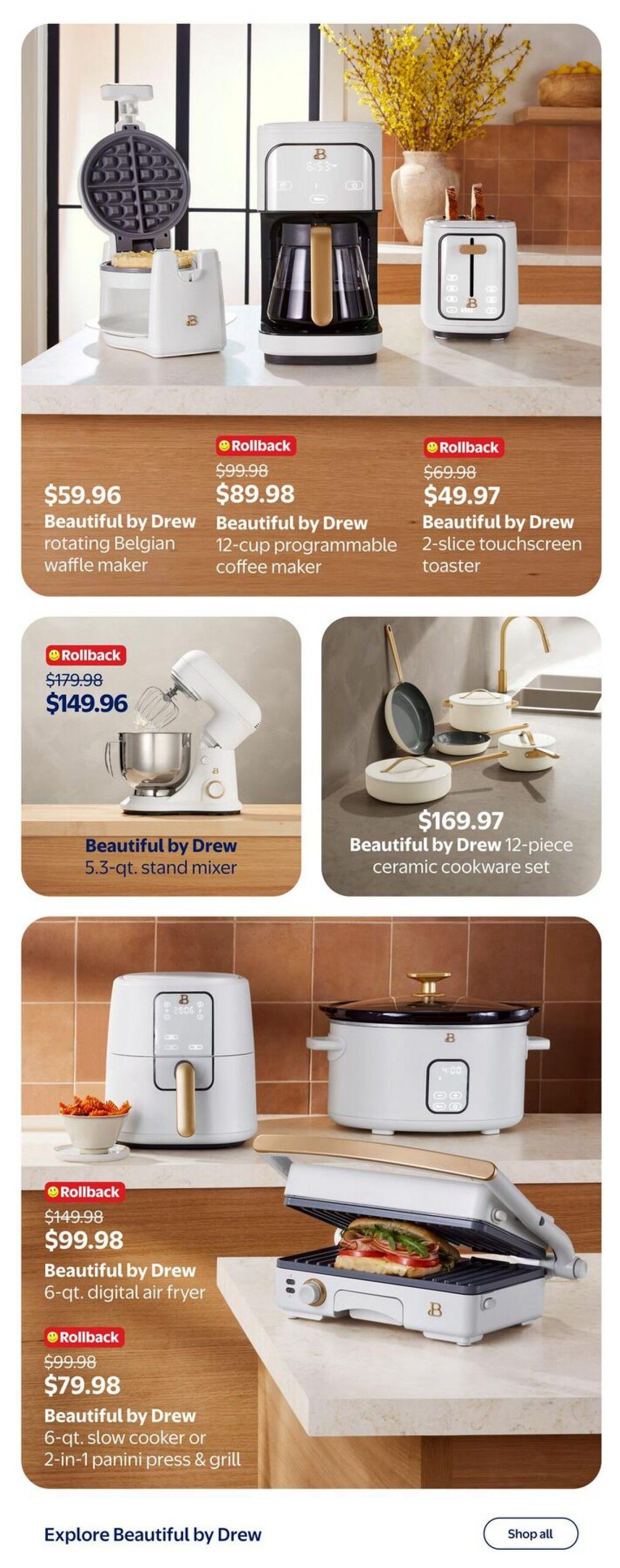Walmart Canada flyer page 6 features a collection of Beautiful by Drew kitchen appliances. On rollback, find the rotating Belgian waffle maker for $59.96, the 12-cup programmable coffee maker for $89.98 (originally $99.98), and the 2-slice touchscreen toaster for $49.97 (originally $69.98). Also on rollback is the 5.3-qt. stand mixer for $149.96 (originally $179.98). Additionally, a Beautiful by Drew 12-piece ceramic cookware set is available for $169.97. The page also showcases the Beautiful by Drew 6-qt. digital air fryer on rollback for $99.98 (originally $149.98) and the Beautiful by Drew 6-qt. slow cooker or 2-in-1 panini press & grill on rollback for $79.98 (originally $99.98).