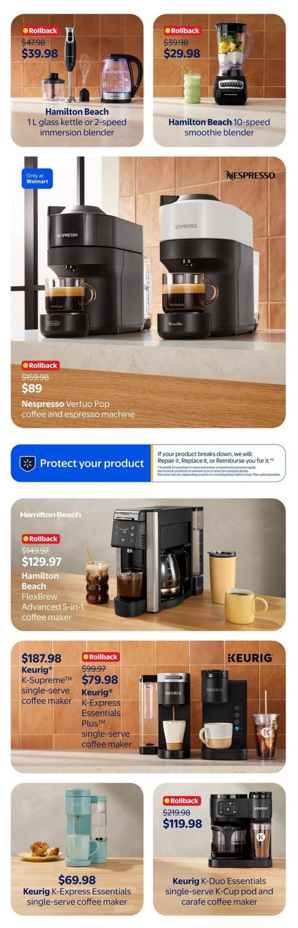 Walmart Canada flyer page 8 features small kitchen appliances. Top row shows a Hamilton Beach 1 L glass kettle or 2-speed immersion blender on rollback for $39.98 (was $47.98) and a Hamilton Beach 10-speed smoothie blender on rollback for $29.98 (was $39.98). The middle section highlights a Nespresso Vertuo Pop coffee and espresso machine, also on rollback, for $89 (was $159.98). Below this is a section about protecting your product. Further down, a Hamilton Beach FlexBrew Advanced 5-in-1 coffee maker is on rollback for $129.97 (was $149.97). The bottom section showcases Keurig coffee makers: the Keurig K-Supreme single-serve coffee maker is $187.98, the Keurig K-Express Essentials Plus single-serve coffee maker is on rollback for $79.98 (was $99.97), a blue Keurig K-Express Essentials single-serve coffee maker is $69.98, and the Keurig K-Duo Essentials single-serve K-Cup pod and carafe coffee maker is on rollback for $119.98 (was $219.98).