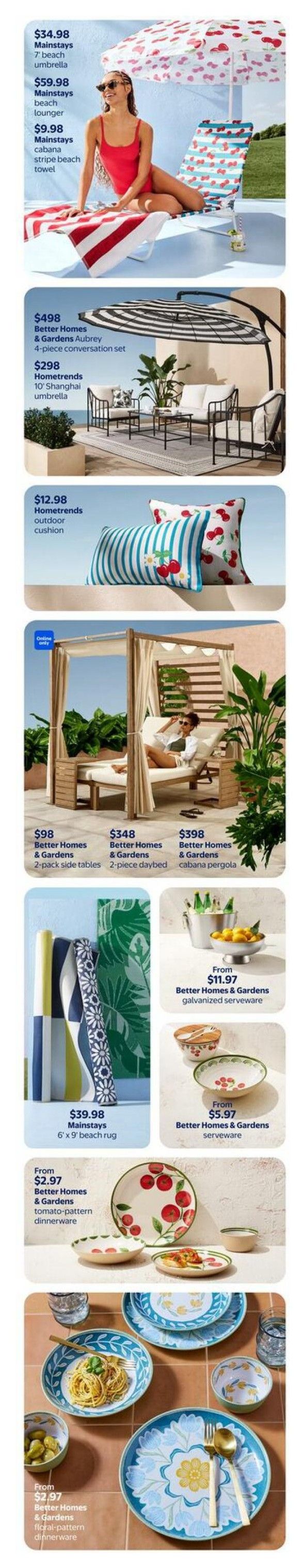 Walmart Canada flyer page 11 features outdoor and home decor. Top section showcases Mainstays 7' beach umbrella for $34.98 and a Mainstays beach lounger for $59.98, along with a Mainstays cabana stripe beach towel. Below, find Better Homes & Gardens Aubrey 4-piece conversation set for $498 and a Hometrends 10' Shanghai umbrella for $298. Also available are Hometrends outdoor cushions for $12.98. The page highlights Better Homes & Gardens outdoor furniture including a 2-pack side tables for $98, a 2-piece daybed for $348, and a cabana pergola for $398. Home goods include Mainstays 6' x 9' beach rug for $39.98. Better Homes & Gardens serveware is featured, with galvanized serveware starting at $11.97 and other serveware starting at $5.97. Dinnerware sets are also on display: Better Homes & Gardens tomato-pattern dinnerware from $2.97 and Better Homes & Gardens floral-pattern dinnerware from $2.97.