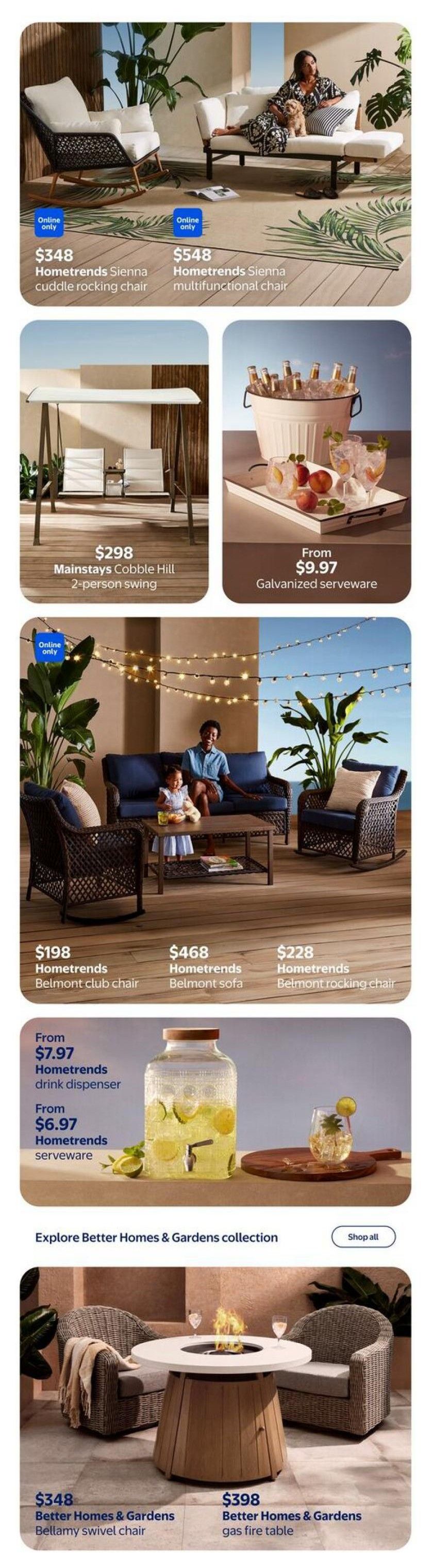 Walmart Canada flyer page 12 featuring outdoor living items. Includes Homtrends Sienna cuddle rocking chair for $348 and multifunctional chair for $548, both online only. Mainstays Cobble Hill 2-person swing is $298. Galvanized serveware starts at $9.97. Also featured are Homtrends Belmont club chair for $198, Belmont sofa for $468, and Belmont rocking chair for $228. Homtrends drink dispenser is from $7.97 and Homtrends serveware from $6.97. Explore the Better Homes & Gardens collection, including the Bellamy swivel chair for $348 and a gas fire table for $398.