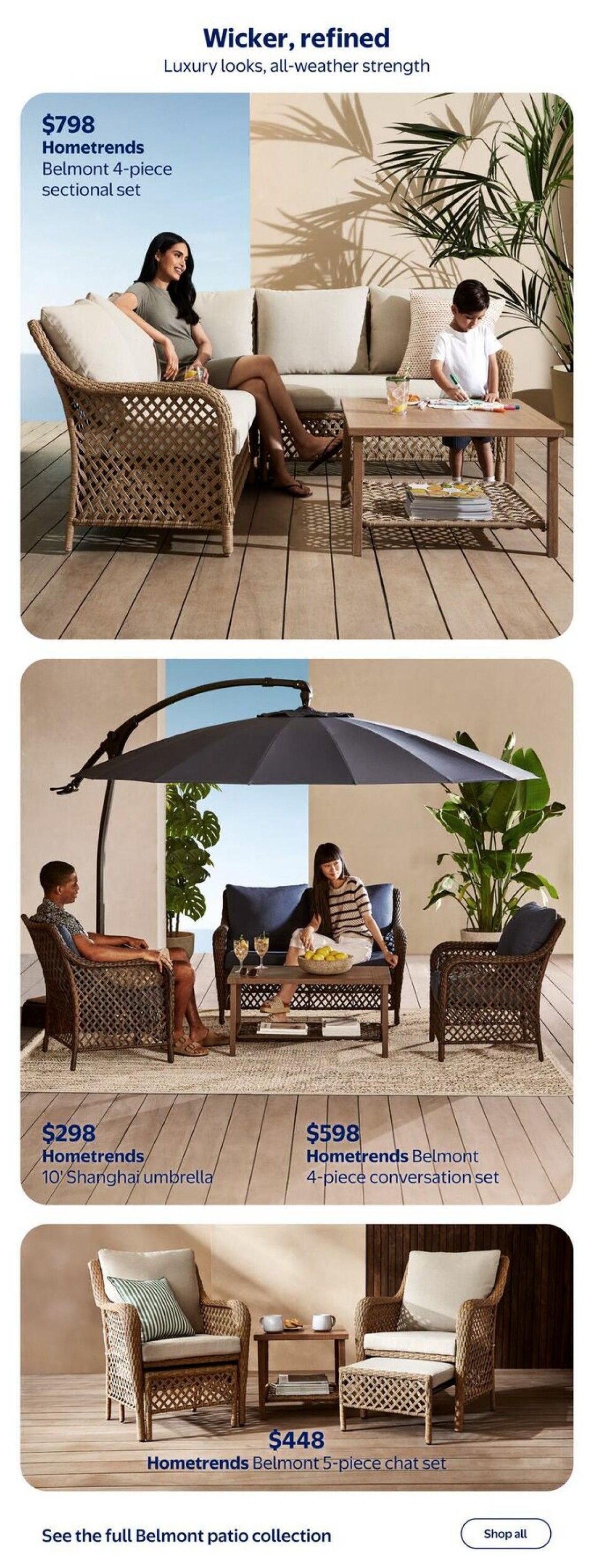 Walmart Canada flyer page featuring wicker patio furniture. Top section showcases the Homtrends Belmont 4-piece sectional set for $798. Middle section displays a Homtrends 10' Shanghai umbrella for $298 and a Homtrends Belmont 4-piece conversation set for $598. The bottom section features the Homtrends Belmont 5-piece chat set for $448. The page title is 'Wicker, refined' with the tagline 'Luxury looks, all-weather strength'. A button to 'Shop all' the Belmont patio collection is visible.