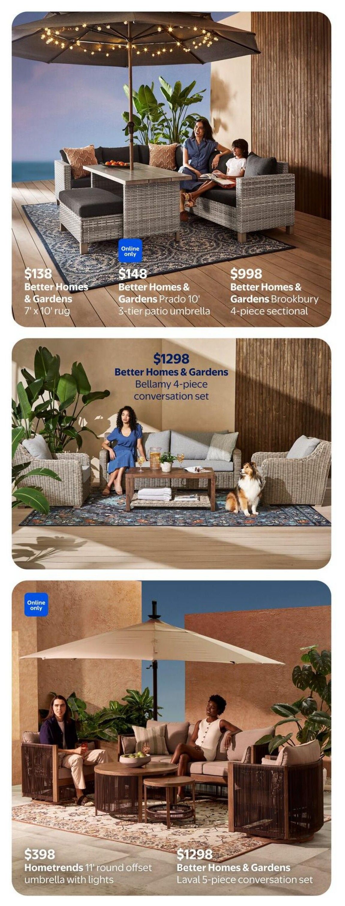 Walmart Canada flyer page 14 features outdoor living furniture and decor. Top section showcases a Better Homes & Gardens 7' x 10' rug for $138, a Better Homes & Gardens Prado 10' 3-tier patio umbrella (online only) for $148, and a Better Homes & Gardens Brookbury 4-piece sectional for $998. The middle section highlights the Better Homes & Gardens Bellamy 4-piece conversation set for $1298. The bottom section displays a Hometrends 11' round offset umbrella with lights for $398 and a Better Homes & Gardens Laval 5-piece conversation set for $1298.