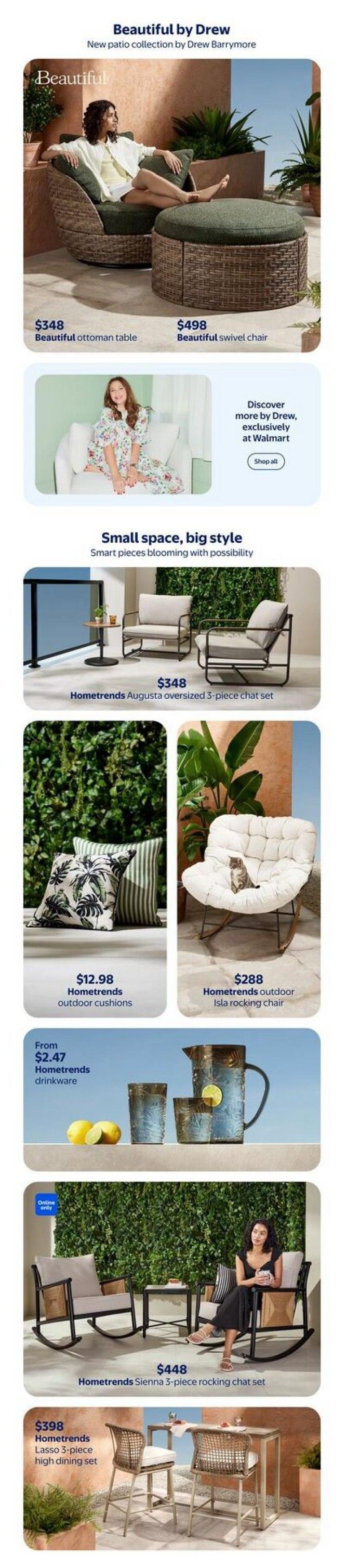 Walmart Canada flyer page featuring the 'Beautiful by Drew' new patio collection. Includes the Beautiful ottoman table for $348 and the Beautiful swivel chair for $498. Also showcases a section on 'Small space, big style' with the Hometrends Augusta oversized 3-piece chat set for $348. Other items include Hometrends outdoor cushions for $12.98, the Hometrends outdoor Isla rocking chair for $288, and Hometrends drinkware starting from $2.47. Additionally, the Hometrends Sienna 3-piece rocking chat set is priced at $448, and the Hometrends Lasso 3-piece high dining set is $398. A 'Shop all' button is available to discover more by Drew, exclusively at Walmart.