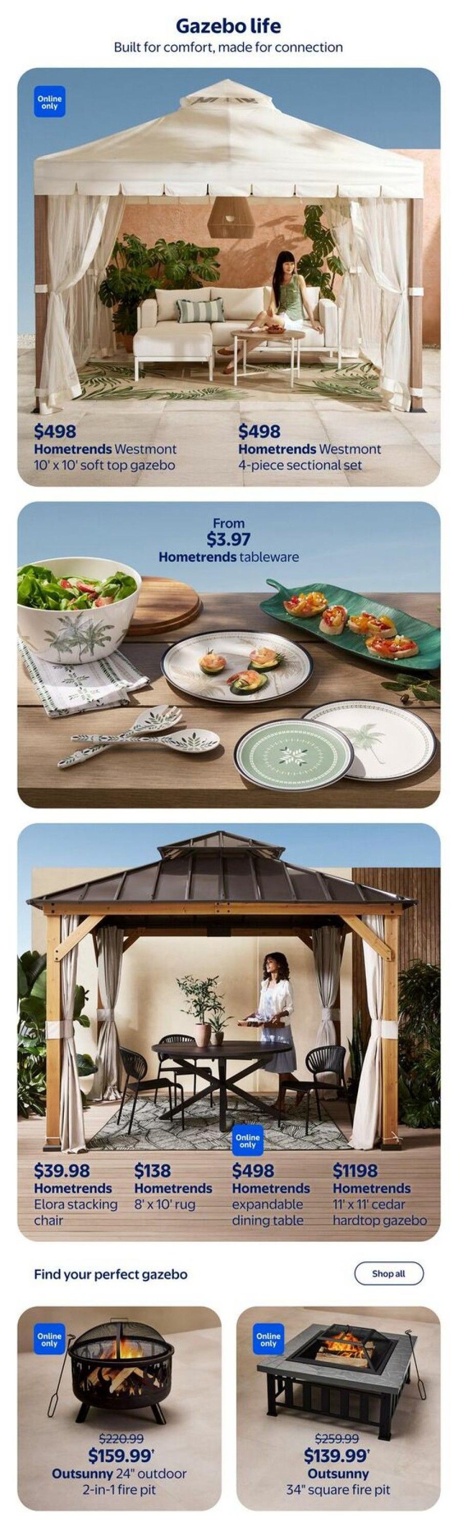 Walmart Canada flyer page featuring 'Gazebo life' with products built for comfort and connection. Includes a Hometrends Westmont 10' x 10' soft top gazebo for $498 and a Hometrends Westmont 4-piece sectional set for $498. Also featured is Hometrends tableware starting from $3.97. Below, find a Hometrends Elora stacking chair for $39.98, an 8' x 10' rug for $138, a Hometrends expandable dining table for $498, and a Hometrends 11' x 11' cedar hardtop gazebo for $1198. The page also showcases Outsunny fire pits: a 24' outdoor 2-in-1 fire pit on sale for $159.99 (originally $220.99) and a 34' square fire pit for $139.99 (originally $259.99). All items marked 'Online only' except for the tableware and the 8' x 10' rug.