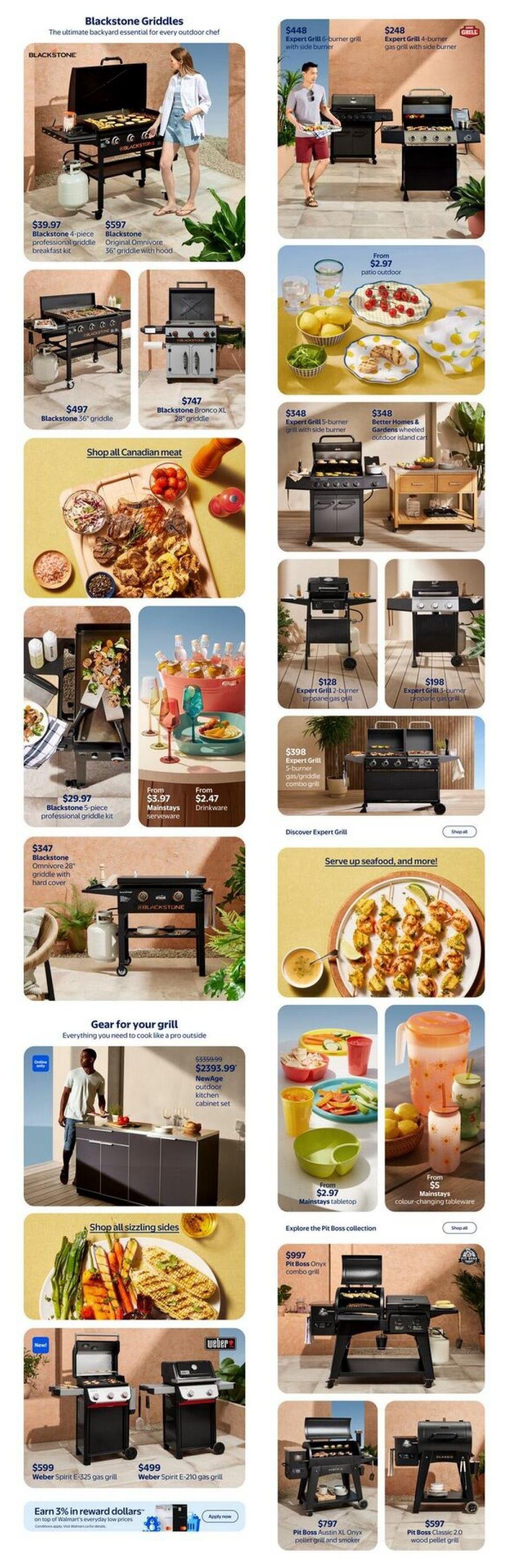 Walmart Canada flyer page 20 featuring Blackstone Griddles and grilling essentials. Highlights include the Blackstone 4-piece professional griddle kit for $39.97, a Blackstone 36' griddle for $497, and the Blackstone Omnivore 36' griddle with hard cover for $347. Also featured are Expert Grill models starting at $128 for a 2-burner propane gas grill, up to a $448 Expert Grill 6-burner grill with side burner. The page showcases a Better Homes & Gardens wheeled outdoor island cart for $348. For serving, find Mainstays serveware from $3.97 and Mainstays drinkware from $2.47. Explore the 'Gear for your grill' section with a NewAge outdoor kitchen cabinet set for $2393.99. Discover 'Shop all sizzling sides' with various grilled vegetables and corn. The Weber Spirit E-325 gas grill is $599 and the Spirit E-210 gas grill is $499. The Pit Boss collection includes the Pit Boss Onyx combo grill for $997, the Pit Boss Austin XL pellet grill and smoker for $797, and the Pit Boss Classic 2.0 wood pellet grill for $597. The page also promotes earning 3% in reward dollars on top of Walmart's everyday low prices.