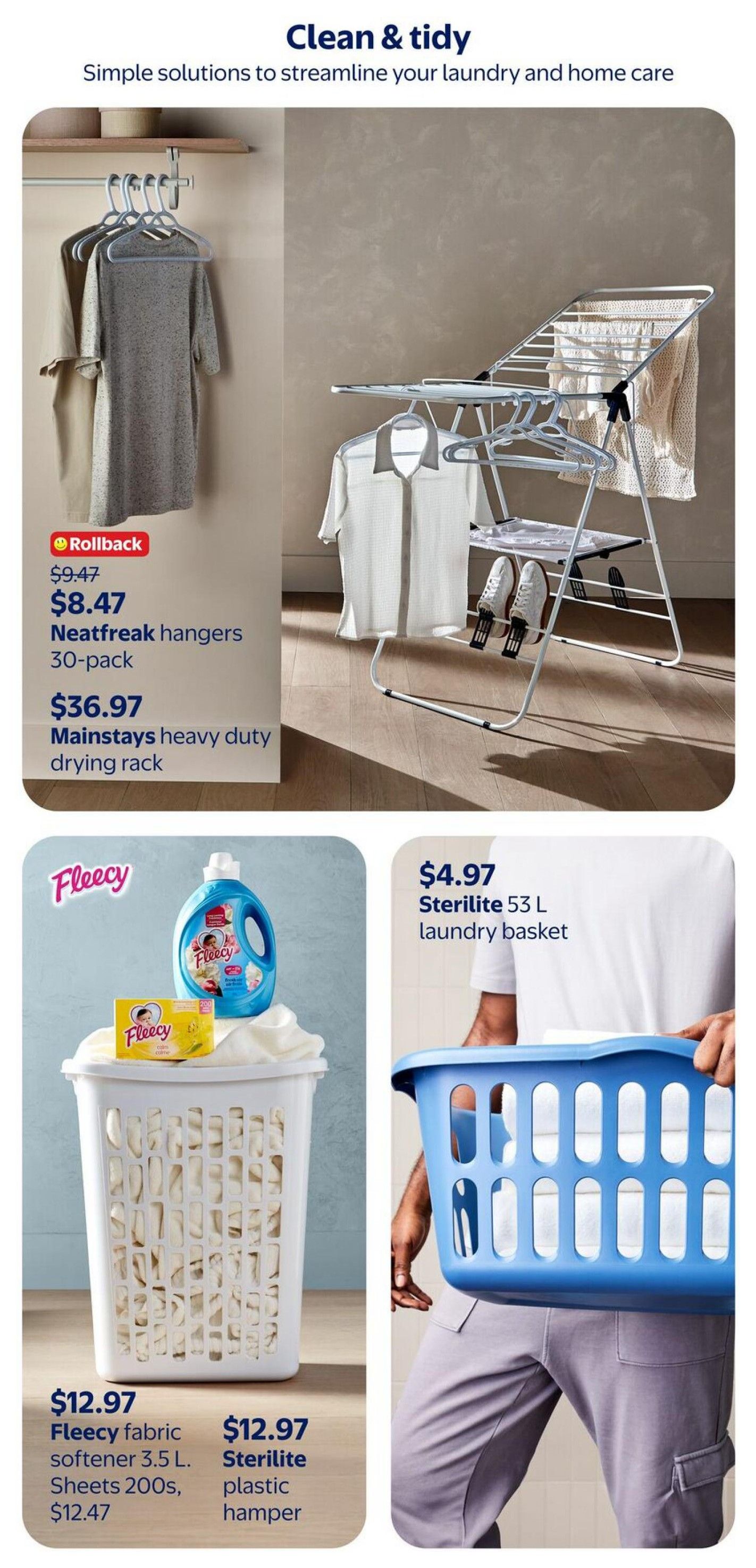 Walmart Canada flyer page 22, featuring laundry and home care solutions. Includes Neatfreak hangers (30-pack) on rollback for $8.47, originally $9.47. Also features a Mainstays heavy duty drying rack for $36.97. On the lower section, find Fleecy fabric softener 3.5 L and Fleecy dryer sheets (200s) for $12.97, and a Sterilite plastic hamper for $12.97. A Sterilite 53 L laundry basket is available for $4.97.