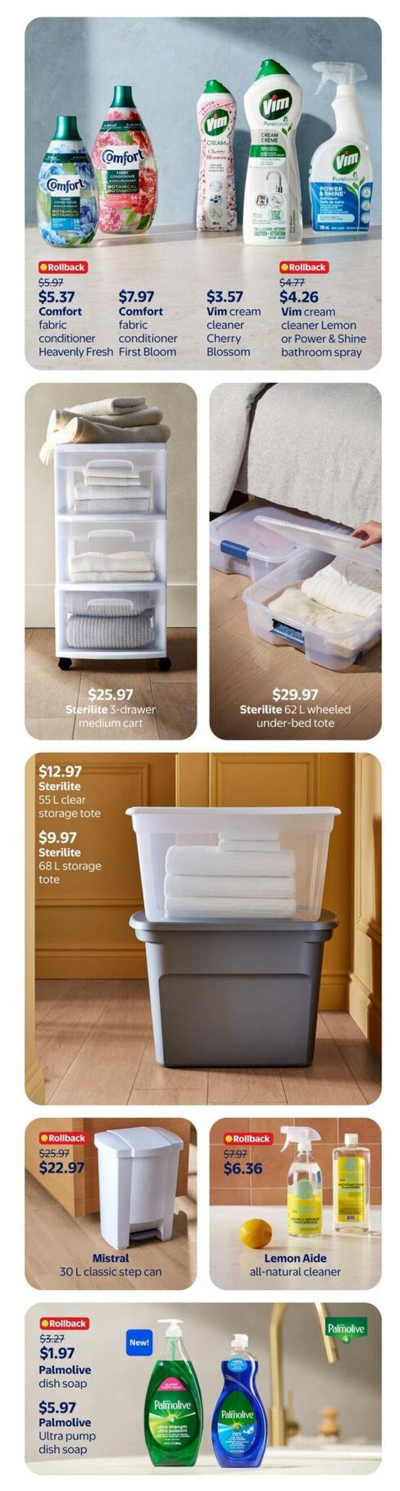 Walmart Canada flyer page 23 features cleaning supplies and storage solutions. On rollback, Comfort fabric conditioner in Heavenly Fresh is $5.37 (was $5.97) and First Bloom is $7.97. Vim cream cleaner in Cherry Blossom is $3.57 and Vim cream cleaner Lemon or Power & Shine bathroom spray is $4.26 (was $4.77). Storage solutions include the Sterilite 3-drawer medium cart for $25.97 and a Sterilite 62 L wheeled under-bed tote for $29.97. Also featured are a Sterilite 55 L clear storage tote for $12.97 and a Sterilite 68 L storage tote for $9.97. A Mistral 30 L classic step can is on rollback for $22.97 (was $25.97). Lemon Aide all-natural cleaner is $6.36 (was $7.97). New Palmolive dish soap is $1.97 and Palmolive Ultra pump dish soap is $5.97.