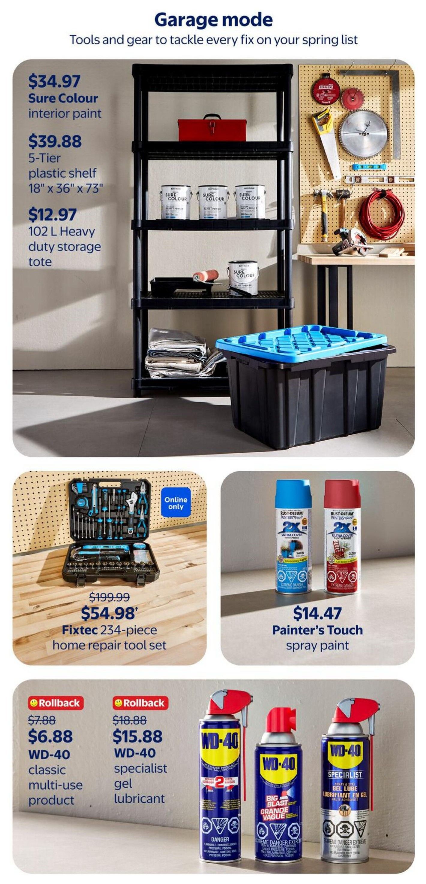 Walmart Canada flyer page 26, featuring 'Garage mode' tools and gear. On the left, find Sure Colour interior paint for $34.97, a 5-Tier plastic shelf (18' x 36' x 73') for $39.88, and a 102 L Heavy duty storage tote for $12.97. The centre features a Fixtec 234-piece home repair tool set, marked down from $199.99 to $54.98, available online only. To the right, Rust-Oleum Painter's Touch spray paint is available for $14.47. Below, WD-40 classic multi-use product is on rollback for $6.88 (was $7.88), and WD-40 specialist gel lubricant is on rollback for $15.88 (was $18.88). The page also displays various tools and storage solutions.