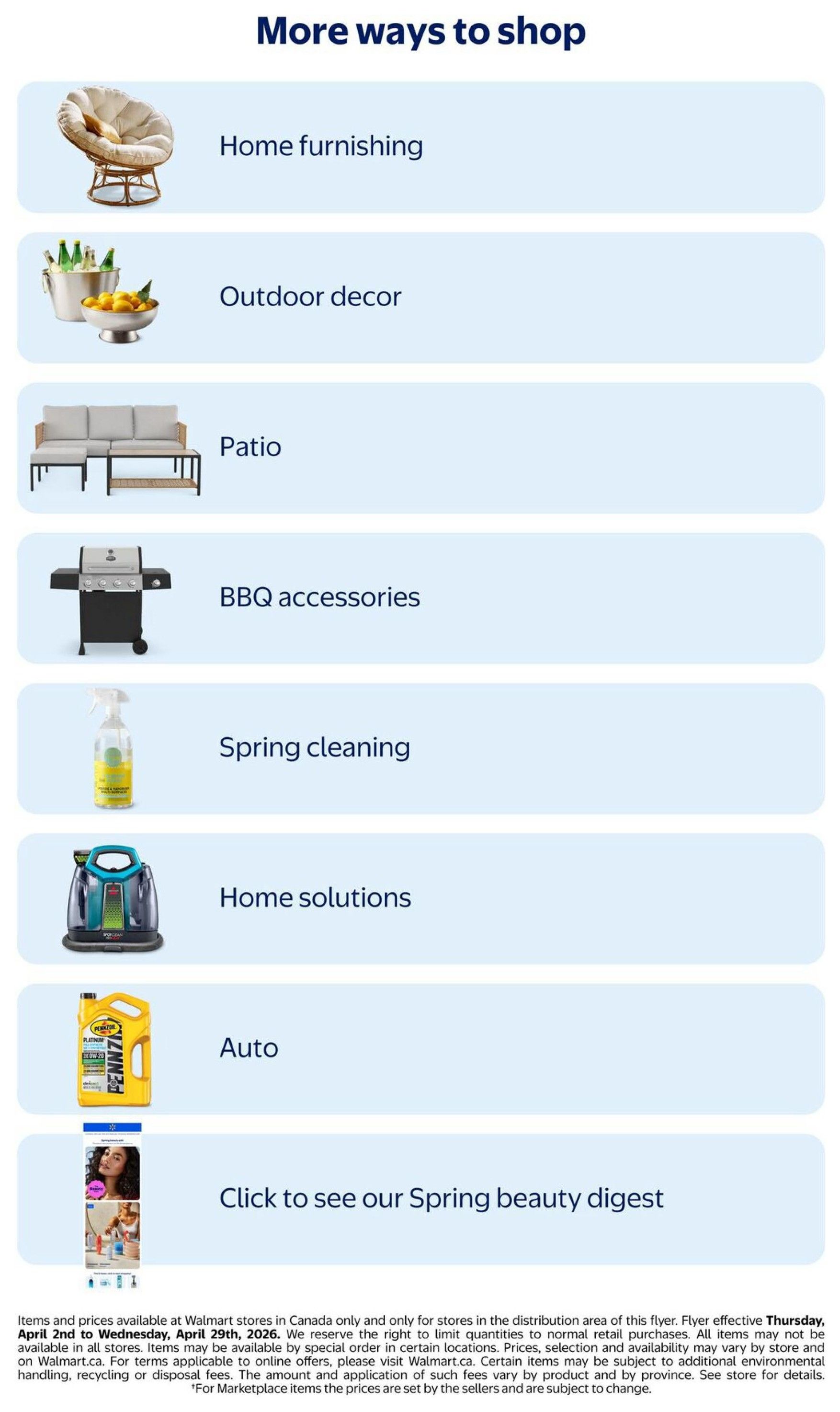 Walmart Canada flyer page 28, featuring 'More ways to shop' with categories including Home furnishing, Outdoor decor, Patio furniture, BBQ accessories, Spring cleaning supplies, Home solutions, and Auto products. Also includes a section to 'Click to see our Spring beauty digest'. The flyer is effective from Thursday, April 2nd to Wednesday, April 29th, 2026.