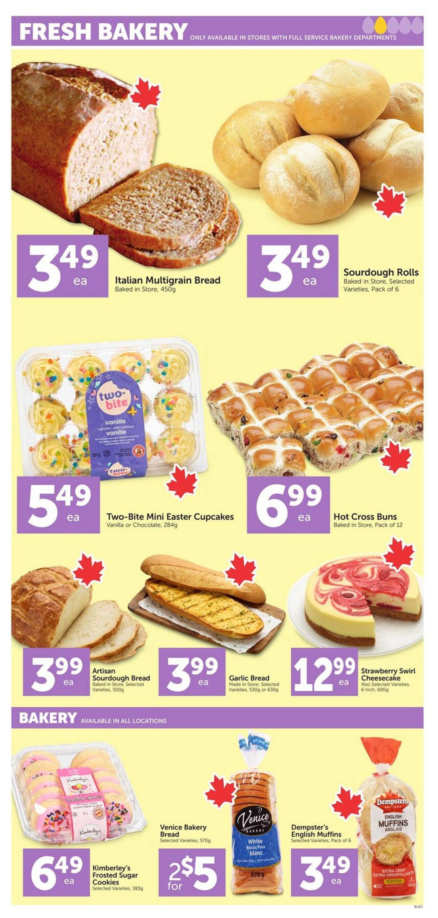 Buy-Low Foods weekly flyer specials page 7 features a fresh bakery section. Highlighted items include Italian Multigrain Bread for $3.49, Sourdough Rolls (pack of 6) for $3.49, and Two-Bite Mini Easter Cupcakes (vanilla or chocolate, 284g) for $5.49. Also available are Hot Cross Buns (pack of 12) for $6.99, Artisan Sourdough Bread (500g) for $3.99, and Garlic Bread (530g or 630g) for $3.99. A Strawberry Swirl Cheesecake (6 inch, 600g) is priced at $12.99. The bakery section also offers Kimberley's Frosted Sugar Cookies (selected varieties, 383g) for $6.49, Venice Bakery Bread (selected varieties, 570g) for 2 for $5, and Dempster's English Muffins (selected varieties, pack of 6) for $3.49.