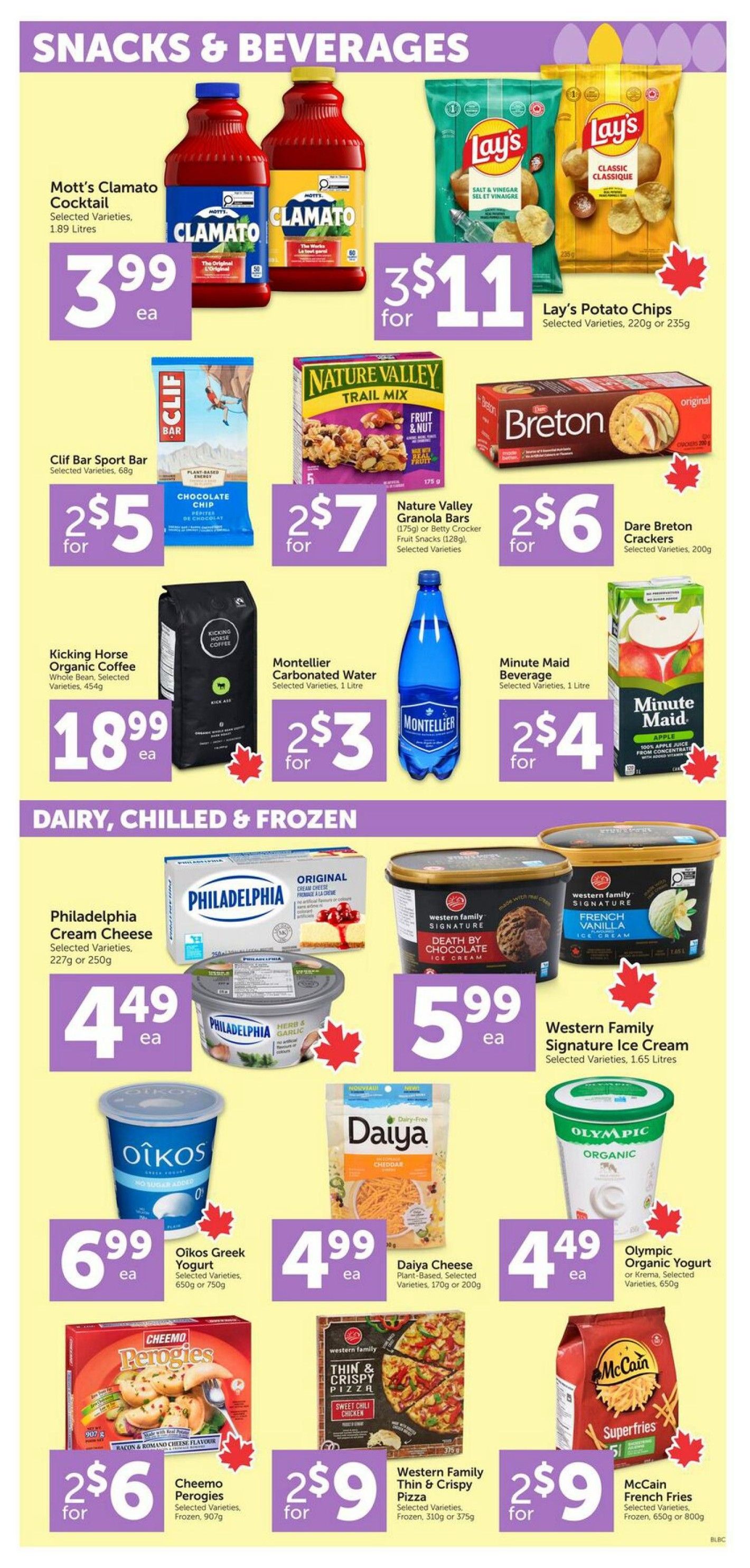 Buy-Low Foods weekly flyer specials page 8 features snacks and beverages including Mott's Clamato Cocktail for $3.99 each, Lay's Potato Chips for 3 for $11, Clif Bar Sport Bars for 2 for $5, Nature Valley Granola Bars or Betty Crocker Fruit Snacks for 2 for $7, and Dare Breton Crackers for 2 for $6. Also available are Kicking Horse Organic Coffee for $18.99 each, Montellier Carbonated Water for 2 for $3, and Minute Maid Beverages for 2 for $4. The dairy, chilled, and frozen section includes Philadelphia Cream Cheese for $4.49 each, Western Family Signature Ice Cream for $5.99 each, Oikos Greek Yogurt for $6.99 each, Daiya Cheese for $4.99 each, Olympic Organic Yogurt or Krema for $4.49 each, Cheemo Perogies for 2 for $6, Western Family Thin & Crispy Pizza for 2 for $9, and McCain French Fries for 2 for $9.
