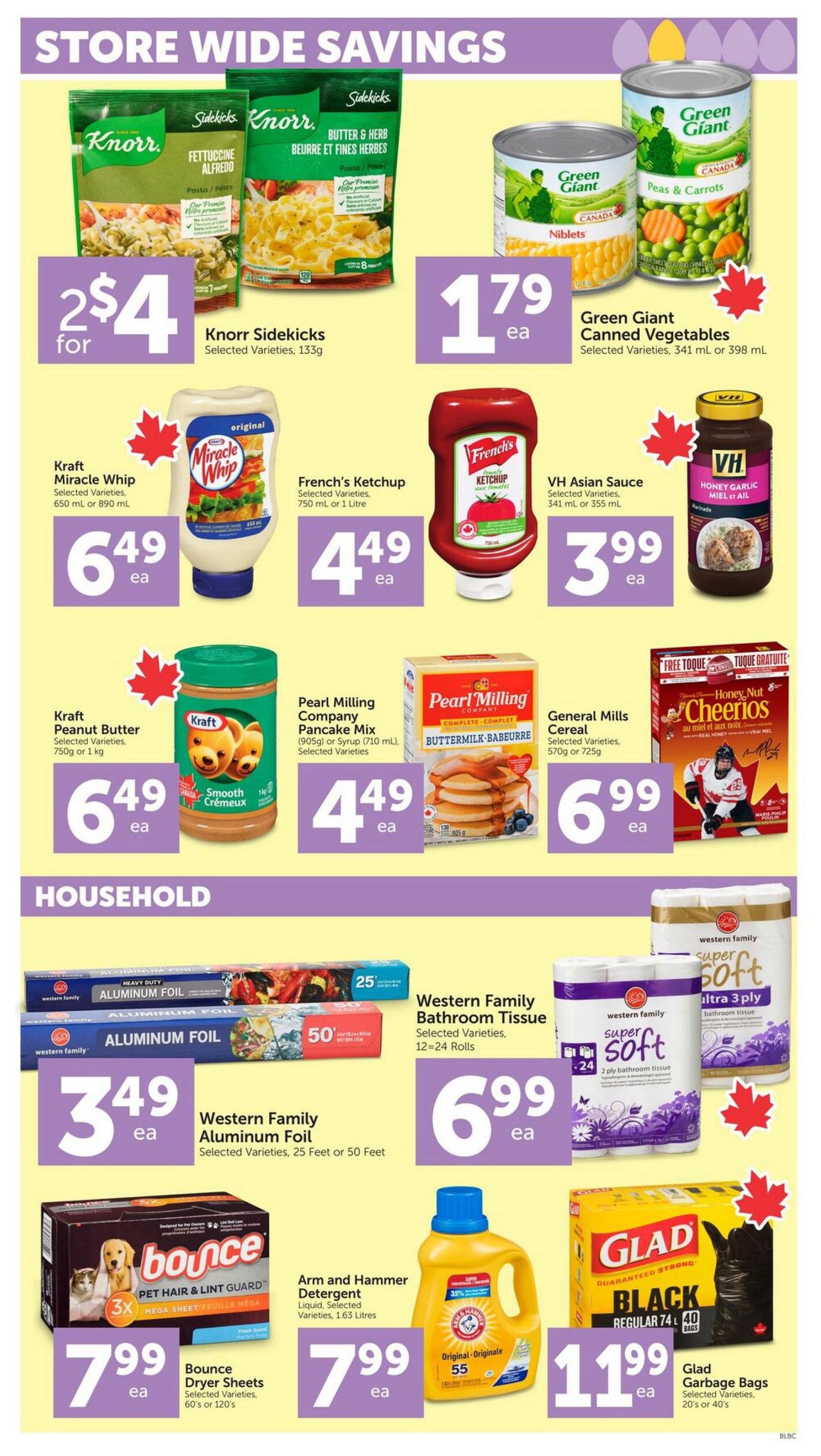 Buy-Low Foods weekly flyer specials page 9 features store-wide savings on various grocery and household items. Featured products include Knorr Sidekicks pasta for 2 for $4, Green Giant Canned Vegetables for $1.79 each, Kraft Miracle Whip for $6.49 each, French's Ketchup for $4.49 each, VH Asian Sauce for $3.99 each, Kraft Peanut Butter for $6.49 each, Pearl Milling Company Pancake Mix for $4.49 each, and General Mills Cheerios Cereal for $6.99 each. Household items on sale include Western Family Aluminum Foil for $3.49 each, Western Family Bathroom Tissue (12-24 rolls) for $6.99 each, Bounce Dryer Sheets for $7.99 each, Arm and Hammer Detergent for $7.99 each, and Glad Garbage Bags for $11.99 each.