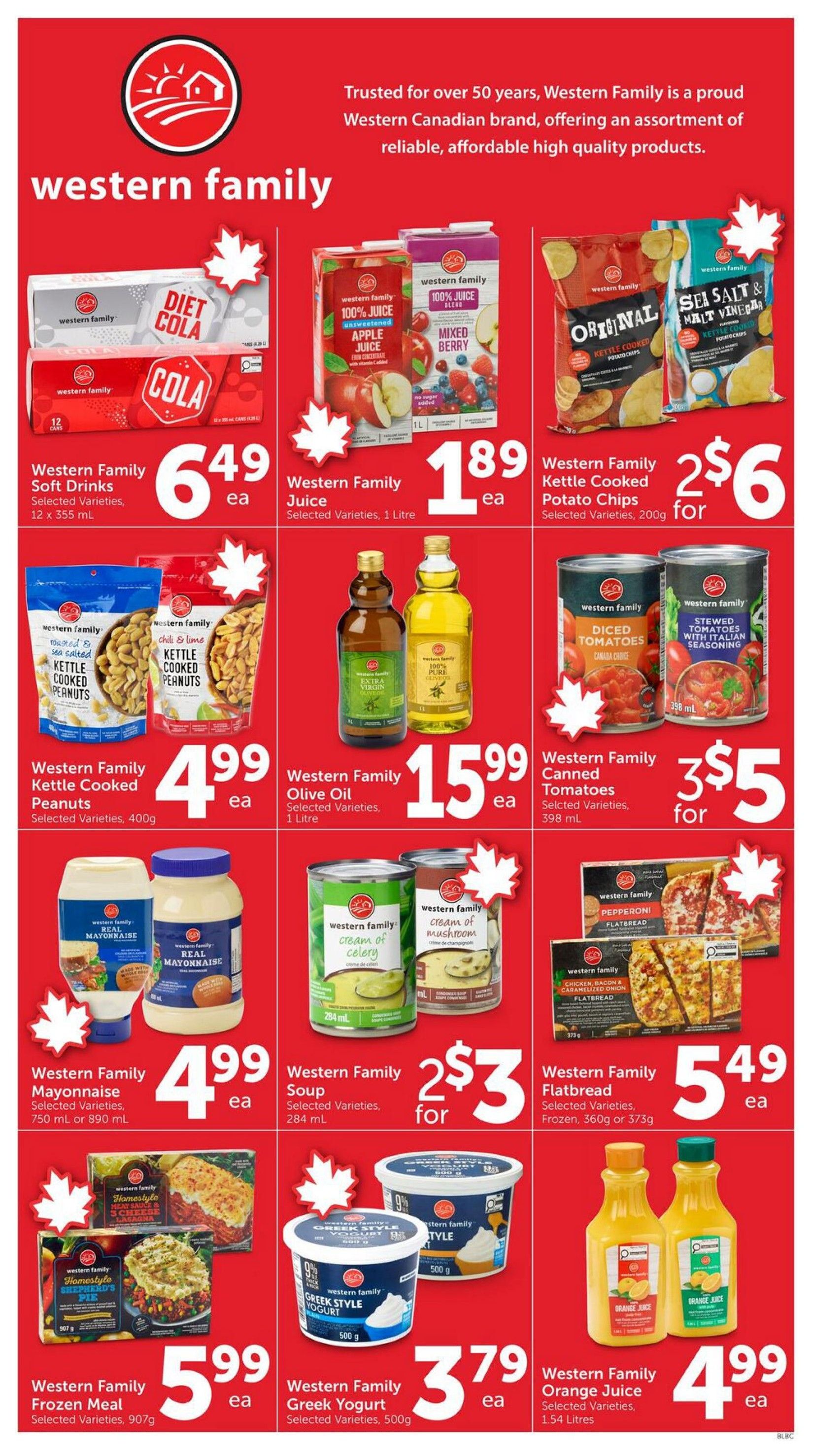 Buy-Low Foods weekly flyer specials page 10 features Western Family brand products. Deals include Western Family Soft Drinks, 12 x 355 mL, for $6.49 each; Western Family Juice, selected varieties, 1 Litre, for $1.89 each; Western Family Kettle Cooked Potato Chips, selected varieties, 200g, for 2 for $6; Western Family Kettle Cooked Peanuts, selected varieties, 400g, for $4.99 each; Western Family Olive Oil, selected varieties, 1 Litre, for $15.99 each; Western Family Canned Tomatoes, selected varieties, 398 mL, for 3 for $5; Western Family Mayonnaise, selected varieties, 750 mL or 890 mL, for $4.99 each; Western Family Soup, selected varieties, 284 mL, for 2 for $3; Western Family Flatbread, selected varieties, Frozen, 360g or 373g, for $5.49 each; Western Family Frozen Meal, selected varieties, 907g, for $5.99 each; Western Family Greek Style Yogurt, selected varieties, 500g, for $3.79 each; and Western Family Orange Juice, selected varieties, 1.54 Litres, for $4.99 each.