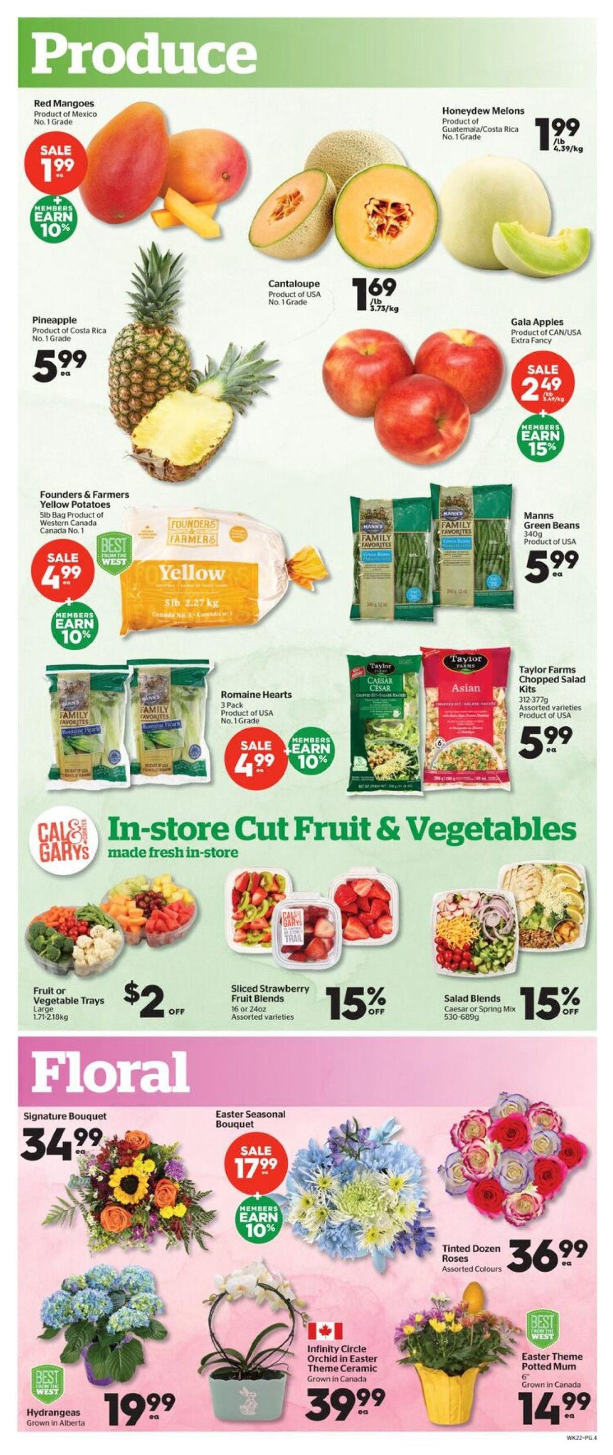 Calgary Co-op Weekly Flyer Specials, Page 4. Produce section features Red Mangoes from Mexico for sale at $1.99, Honeydew Melons from Guatemala/Costa Rica for $1.99/lb, Cantaloupe from USA for $1.69/lb, and Gala Apples from CAN/USA for sale at $2.49. Also available are Pineapples from Costa Rica for $5.99 each, Founders & Farmers Yellow Potatoes (2.27 kg bag) for sale at $4.99, and Manns Green Beans (340g) from USA for $5.99 each. Romaine Hearts (3 pack) from USA are on sale for $4.99, and Taylor Farms Chopped Salad Kits (312-377g) are $5.99 each. The In-store Cut Fruit & Vegetables section includes Fruit or Vegetable Trays for $2 off, Sliced Strawberry Fruit Blends (16 or 24oz) with 15% off, and Salad Blends (Caesar or Spring Mix) with 15% off. The Floral section offers a Signature Bouquet for $34.99, an Easter Seasonal Bouquet on sale for $17.99, Hydrangeas grown in Alberta for $19.99, an Infinity Circle Orchid in Easter Theme Ceramic grown in Canada for $39.99, Tinted Dozen Roses (Assorted Colours) for $36.99, and an Easter Theme Potted Mum (6') grown in Canada for $14.99.