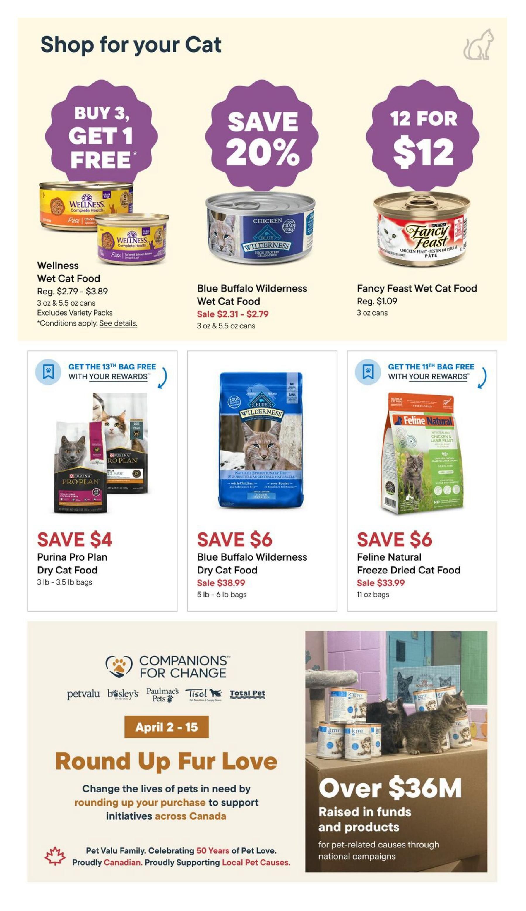 Bosley's flyer page 11, featuring cat food specials. Top row offers: Buy 3, Get 1 Free on Wellness Wet Cat Food (Regular $2.79 - $3.89 per can), Save 20% on Blue Buffalo Wilderness Wet Cat Food (Sale $2.31 - $2.79 for 3 oz & 5.5 oz cans), and 12 cans of Fancy Feast Wet Cat Food for $12 (Regular $1.09 per can). Middle row features: Save $4 on Purina Pro Plan Dry Cat Food (3 lb - 3.5 lb bags), Save $6 on Blue Buffalo Wilderness Dry Cat Food (Sale $38.99 for 5 lb - 6 lb bags), and Save $6 on Feline Natural Freeze Dried Cat Food (Sale $33.99 for 11 oz bags). All dry food offers include a 'Get the 13th bag free with your rewards' promotion. The bottom section highlights the 'Round Up Fur Love' campaign from April 2-15, encouraging customers to change the lives of pets in need by rounding up their purchase to support initiatives across Canada. It also mentions the Pet Valu Family celebrating 50 years of Pet Love and proudly supporting local pet causes. A graphic shows over $36M raised in funds and products for pet-related causes through national campaigns.