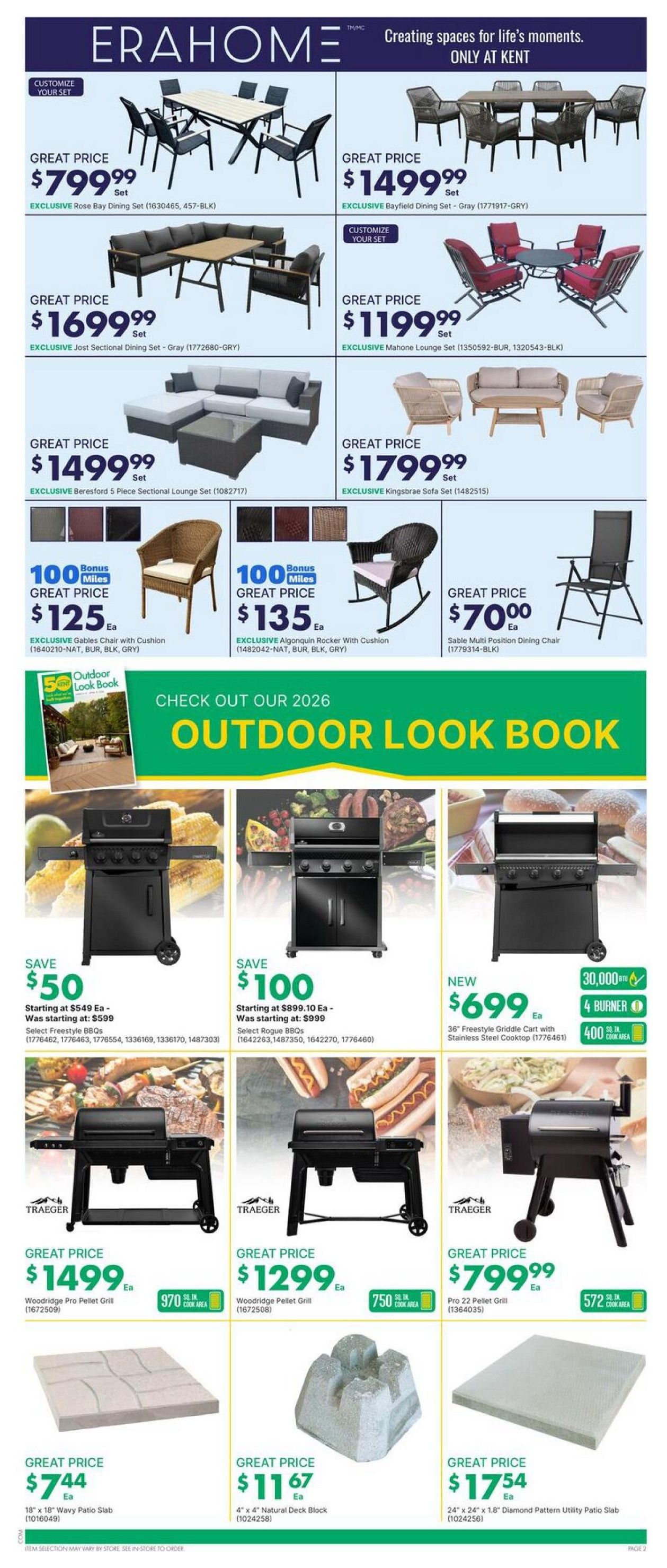 Page 2 of the kent flyer features outdoor living and dining sets. Top row includes the Rose Bay Dining Set for $799.99, Bayfield Dining Set for $1499.99, and the Jost Sectional Dining Set for $1699.99. The second row showcases the Malone Lounge Set for $1199.99 and the Kingsbrae Sofa Set for $1799.99. Also featured are the Beresford 5 Piece Sectional Lounge Set for $1499.99, Gables Chair with Cushion for $125, and Algonquin Rocker with Cushion for $135. The page highlights an 'Outdoor Look Book' and features grills including the Select Freestyle BBQs with a $50 saving, starting at $549, and Select Rogue BBQs with a $100 saving, starting at $899.10. A new 36' Freestyle Griddle Cart with Stainless Steel Cooktop is available for $699. Traeger grills are also on sale: the Woodbridge Pro Pellet Grill for $1499 and another Woodbridge Pellet Grill for $1299. The Pro 22 Pellet Grill is priced at $799.99. Paving and deck accessories include an 18' x 18' Wavy Patio Slab for $7.44, a 4' x 4' Natural Deck Block for $11.67, and a 24' x 24' x 1.8' Diamond Pattern Utility Patio Slab for $17.54.