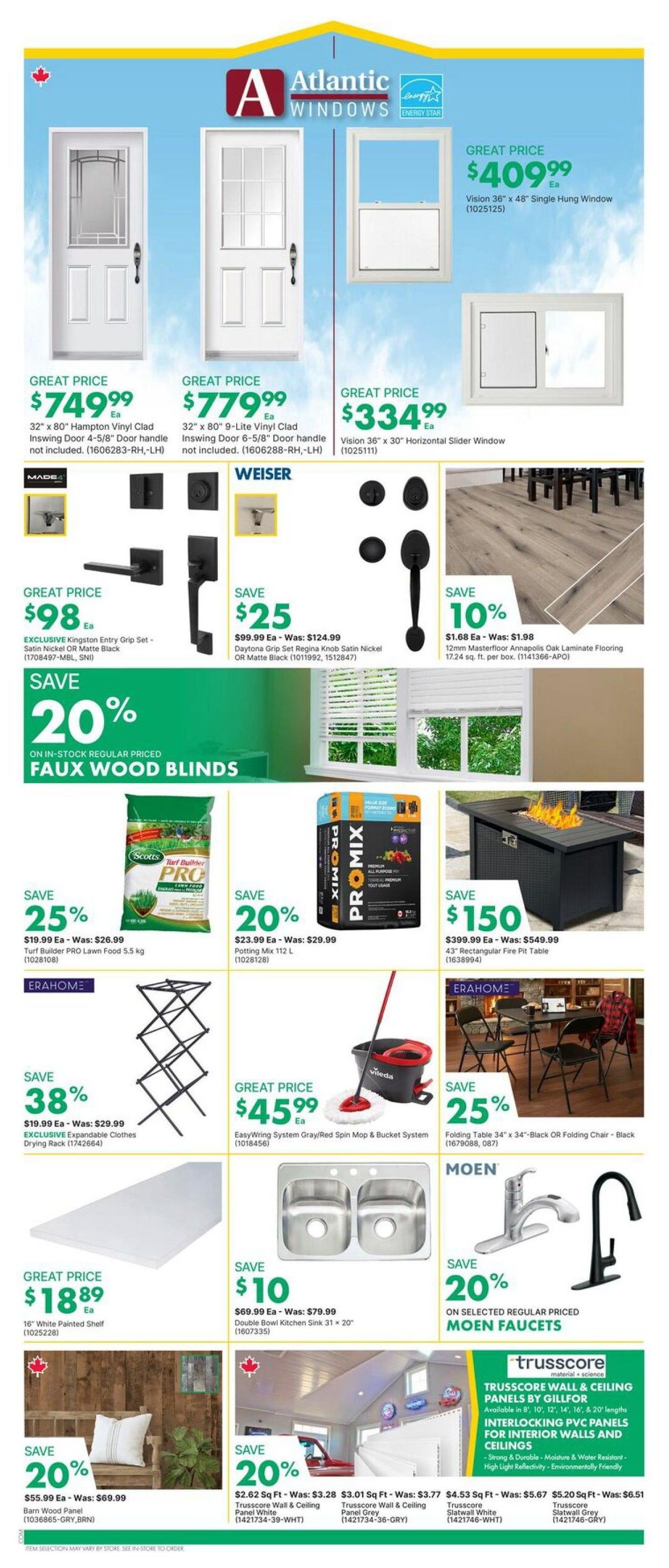 Page 8 of the kent flyer featuring Atlantic Windows products including a 32' x 80' Hampton Vinyl Clad Inswing Door for $749.99, a 32' x 80' 9-Lite Vinyl Clad Inswing Door for $779.99, and a Vision 36' x 48' Single Hung Window for $409.99. Also available are Vision 36' x 30' Horizontal Slider Windows for $334.99. Weiser door hardware is on sale, with the Kingston Entry Grip Set priced at $98 and the Daytona Grip Set Regina Knob in Satin Nickel or Matte Black on sale for $25 (was $124.99). Save 20% on in-stock regular priced Faux Wood Blinds. Scotts Turf Builder PRO Lawn Food 5.5 kg is $19.99 (was $26.99), saving 25%. Promix Potting Mix 112 L is on sale for $23.99 (was $29.99), saving 20%. EXCLUSIVE Expandable Clothes Drying Rack is 38% off at $19.99 (was $29.99). The EasyWring System Gray/Red Spin Mop & Bucket System is $45.99. A 43' Rectangular Fire Pit Table is on sale for $399.99 (was $549.99), saving $150. ERAHOME Folding Table 34' x 34' with Black Folding Chairs is 25% off. A 16' White Painted Shelf is $18.89. Save $10 on a Double Bowl Kitchen Sink 31' x 20' (now $69.99, was $79.99). Save 20% on selected regular priced Moen Faucets. Trusscore Wall & Ceiling Panels by Gillfor are available in multiple lengths and finishes, with prices starting at $2.62 Sq Ft for White and $3.01 Sq Ft for Grey. Barn Wood Panel is on sale for $55.99 (was $69.99), saving 20%.