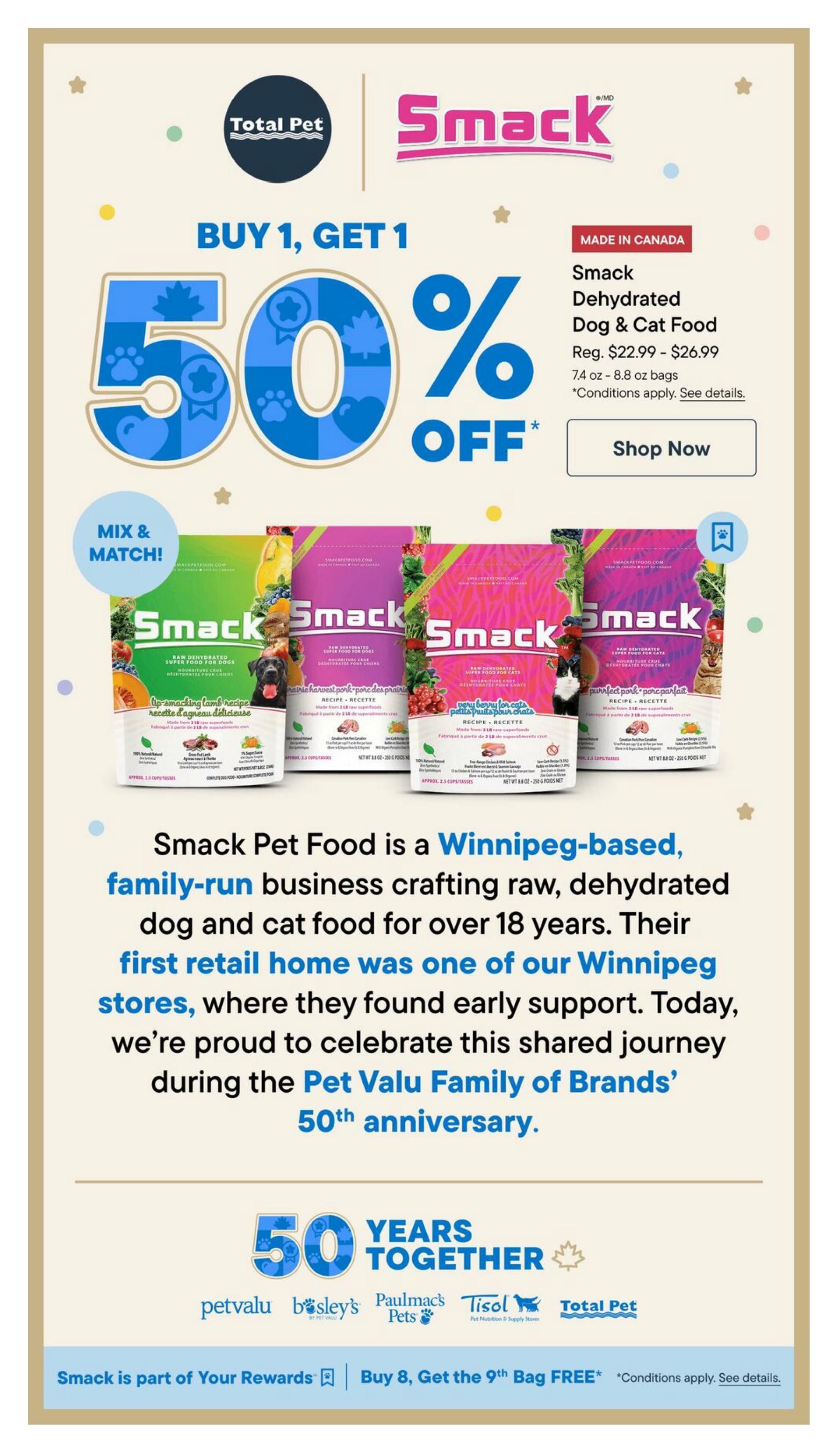 Total Pet flyer specials page 6 features a Buy 1, Get 1 50% off sale on Smack Dehydrated Dog & Cat Food. The regular price ranges from $22.99 to $26.99 for 7.4 oz - 8.8 oz bags. The page showcases various Smack food bags, including recipes for dogs and cats. A description highlights Smack Pet Food as a Winnipeg-based, family-run business crafting raw, dehydrated dog and cat food for over 18 years, celebrating their shared journey with the Pet Valu Family of Brands' 50th anniversary. The bottom of the page mentions 'Smack is part of Your Rewards' and 'Buy 8, Get the 9th Bag FREE' with conditions applying.