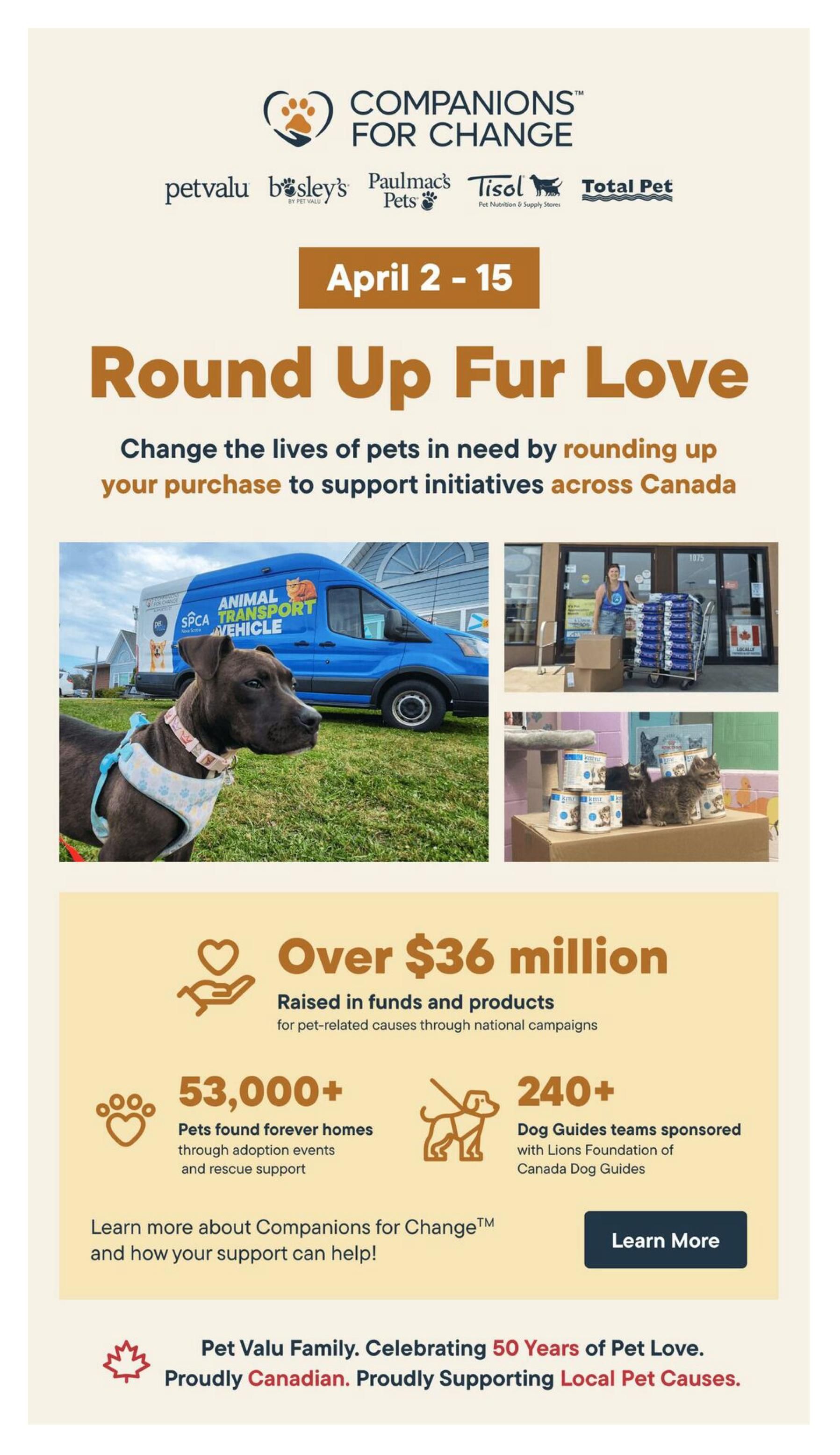 Total Pet flyer specials from April 2 to 15 featuring the Companions for Change initiative. The page highlights 'Round Up Fur Love,' encouraging customers to round up their purchases to support Canadian pet initiatives. It showcases statistics such as over $36 million raised in funds and products for pet-related causes, 53,000+ pets finding forever homes through adoption events and rescue support, and 240+ Dog Guides teams sponsored with the Lions Foundation of Canada Dog Guides. Images include a dog wearing a harness in front of an SPCA animal transport vehicle, a woman loading pet food bags outside a store, and kittens with cans of pet food. The page also celebrates the Pet Valu Family's 50 Years of Pet Love and their proud support of local pet causes.