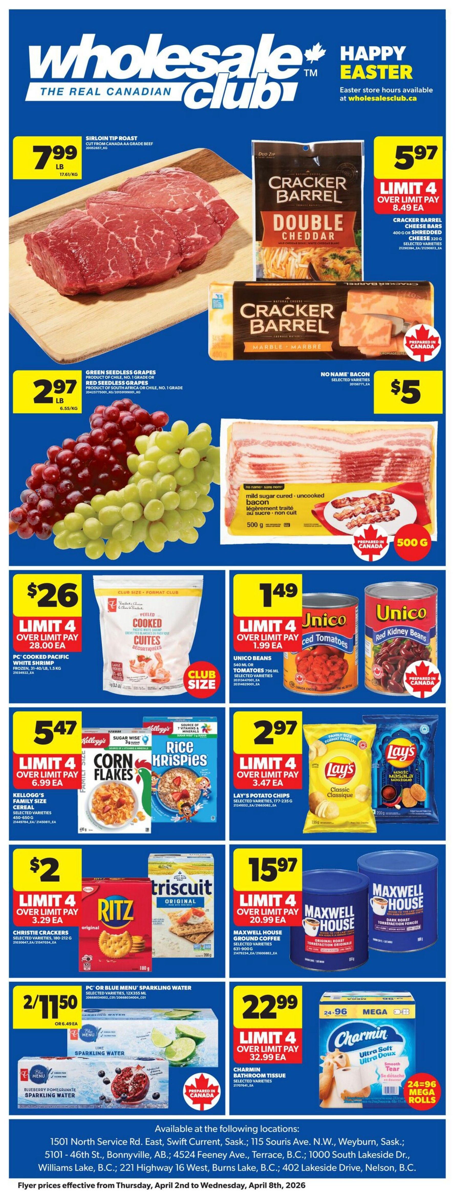 Wholesale Club flyer, April's Hit of the Month features Leclerc Go Pure Fruit & Oat Bars in Strawberry and Raspberry varieties, 140-175g. Also available are Planters Cashews, including Unsalted Whole Cashews and Salted Whole Cashews, 200g. Stampede Original Smoked Hotdogs or Harvest Creek Halal Wieners, 900g, are also featured. The flyer highlights 'Lowest Prices Best Deals' valid from April 1-30, 2026.