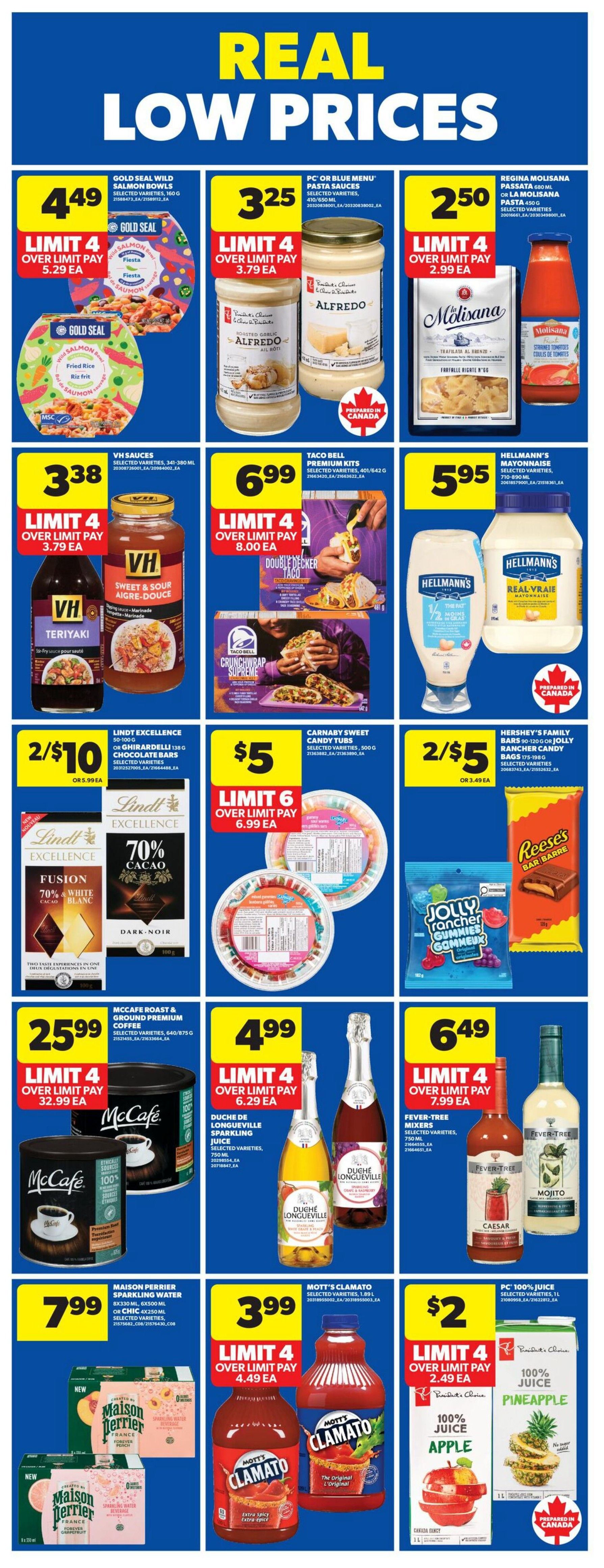 Wholesale Club weekly flyer specials page 4. Featured products include Gold Seal Wild Salmon Bowls for $4.49, PC or Blue Menu Pasta Sauces for $3.25, and Regina Molisana Pasta for $2.50. Also on sale are VH Sauces for $3.38, Taco Bell Premium Kits for $6.99, and Hellmann's Mayonnaise for $5.95. Lindt Excellence Chocolate Bars are 2 for $10, Carnaby Sweet Candy Tubs are $5, and Hershey's Family Bars or Jolly Rancher Candy Bags are 2 for $5. McCafe Roast & Ground Premium Coffee is $25.99. Duche de Longueville Sparkling Juice is $4.99. Fever-Tree Mixers are $6.49. Maison Perrier Sparkling Water is $7.99, Mott's Clamato is $3.99, and PC 100% Juice (Apple and Pineapple) is $2.